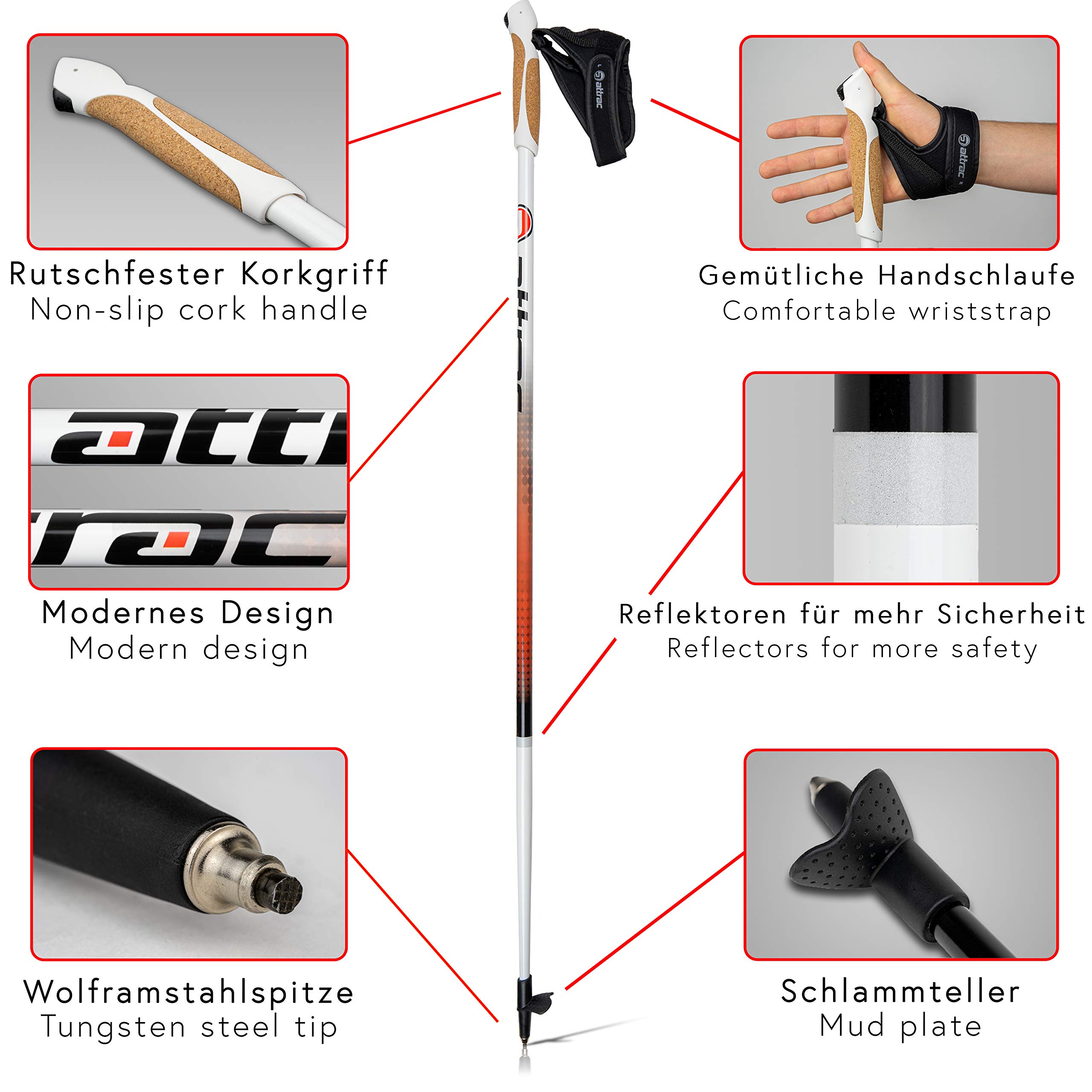 ATTRAC Nordic Walking Stöcke Aluminium | Handgelenkschlaufen inklusive | Mit Nordic Walking/Fitness App | Leichtgewicht | Stoßdämpfend - 110cm