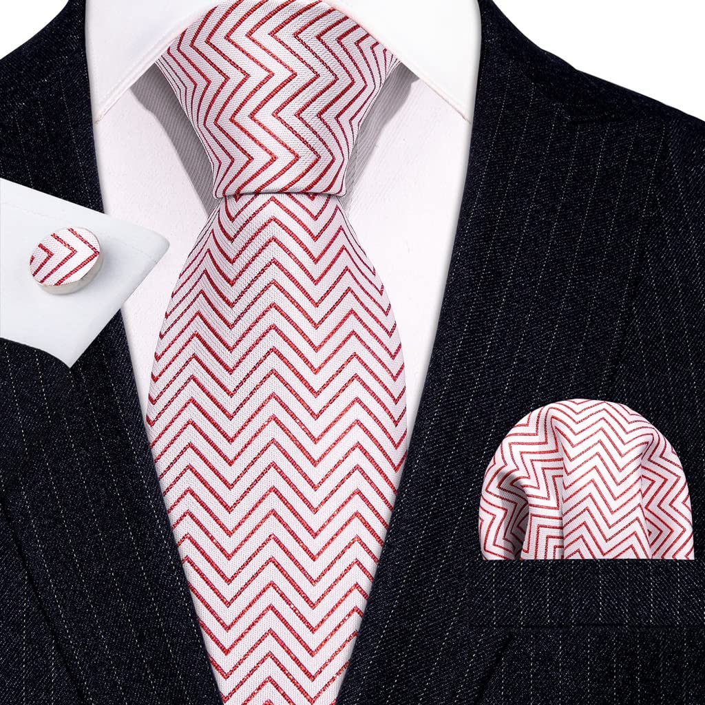 RWRAPS Modische rote weiße Krawatte für Herren, Krawatten, Einstecktuch, Manschettenknöpfe, Business-Sets für Hochzeit, Geschäftsparty (Farbe: A, Größe: Einheitsgröße) (A Einheitsgröße)
