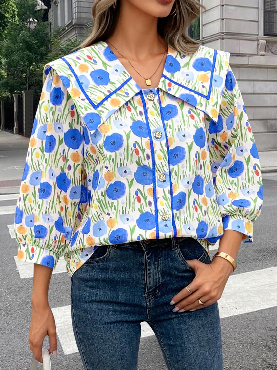 Women's 2026 Fashion Tops 100% Cotton Button Down Shirts V Neck 3/4 Length Sleeve Floral Peter Pan Collar Blouses - Image 4