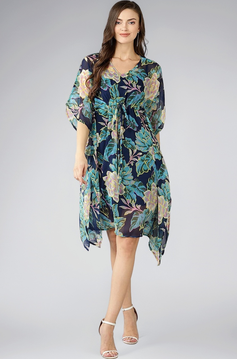 Women's Kaftan Midi Dress (Printed Chiffon Kaftan with Waist String & Separate Inner) (