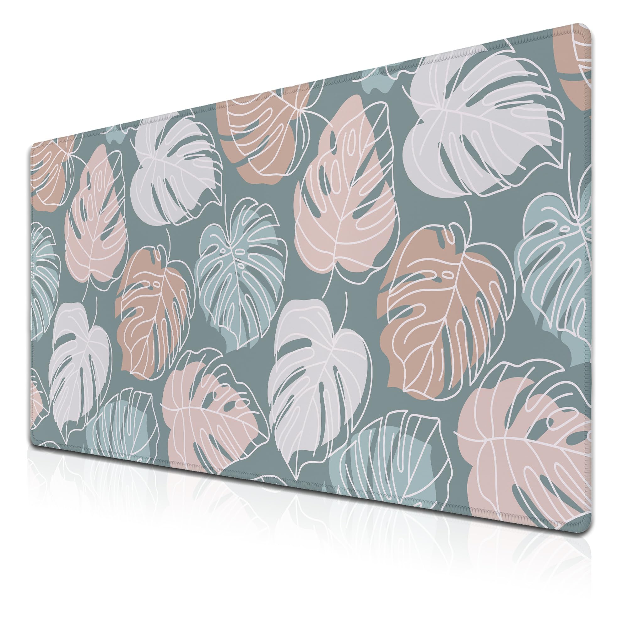 Samgula Large Desk Mat Green, Gaming Mouse Pads Office Desk Pad, Keyboard Desk Mat Non-Slip Rubber Base Waterproof with Stitched Edges, 35.4 X 15.7 inch for Work/Game/Office/Home Tropical Monstera