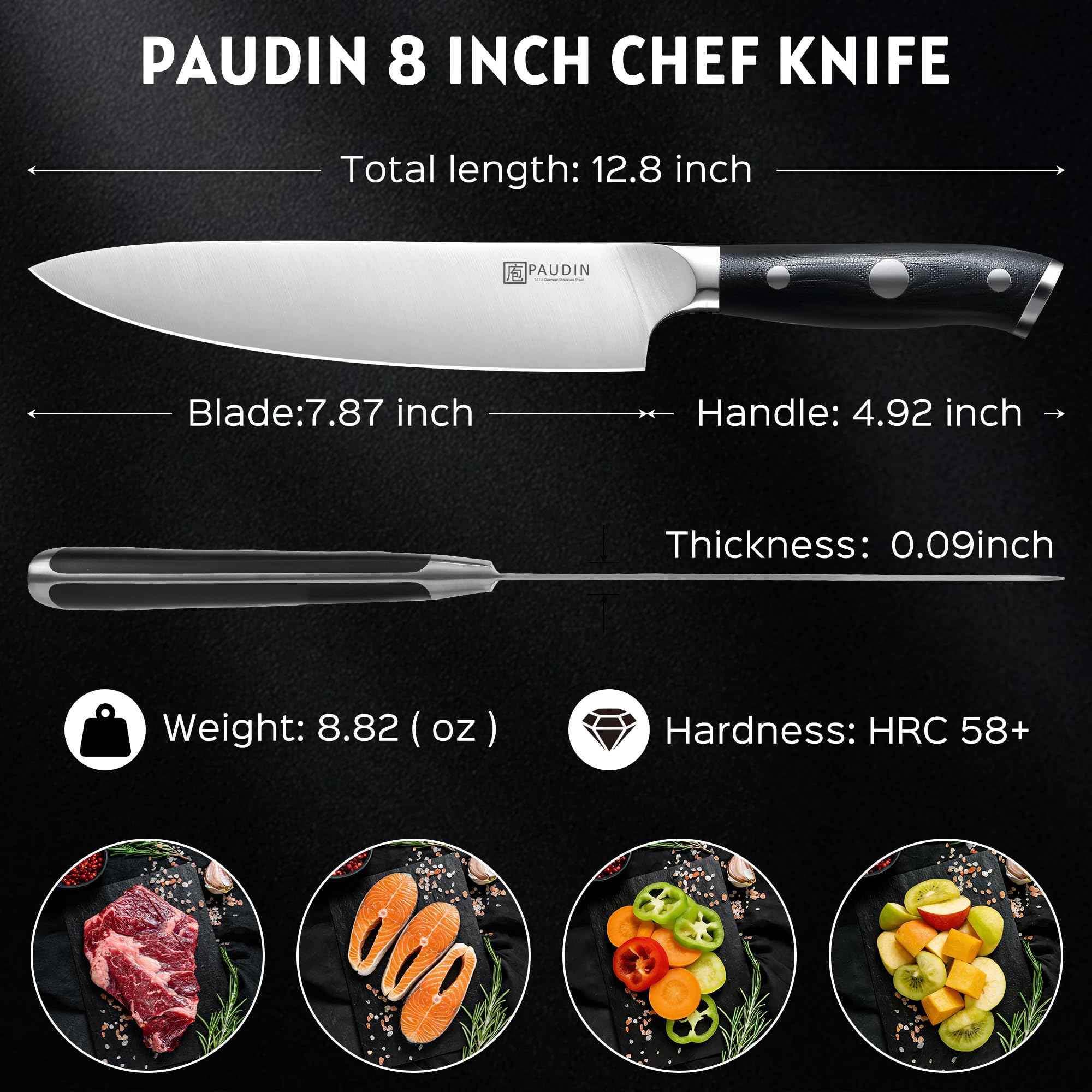 PAUDIN Chef Knife,8 Inch Professional Kitchen Knife Dishwasher Safe,Forged German Stainless Steel Sharp Cooking Knife,Ergonomic G10 Handle Full Tang Meal Prep Knives,Home Restaurant Gift for Men Women — Amazon image 8