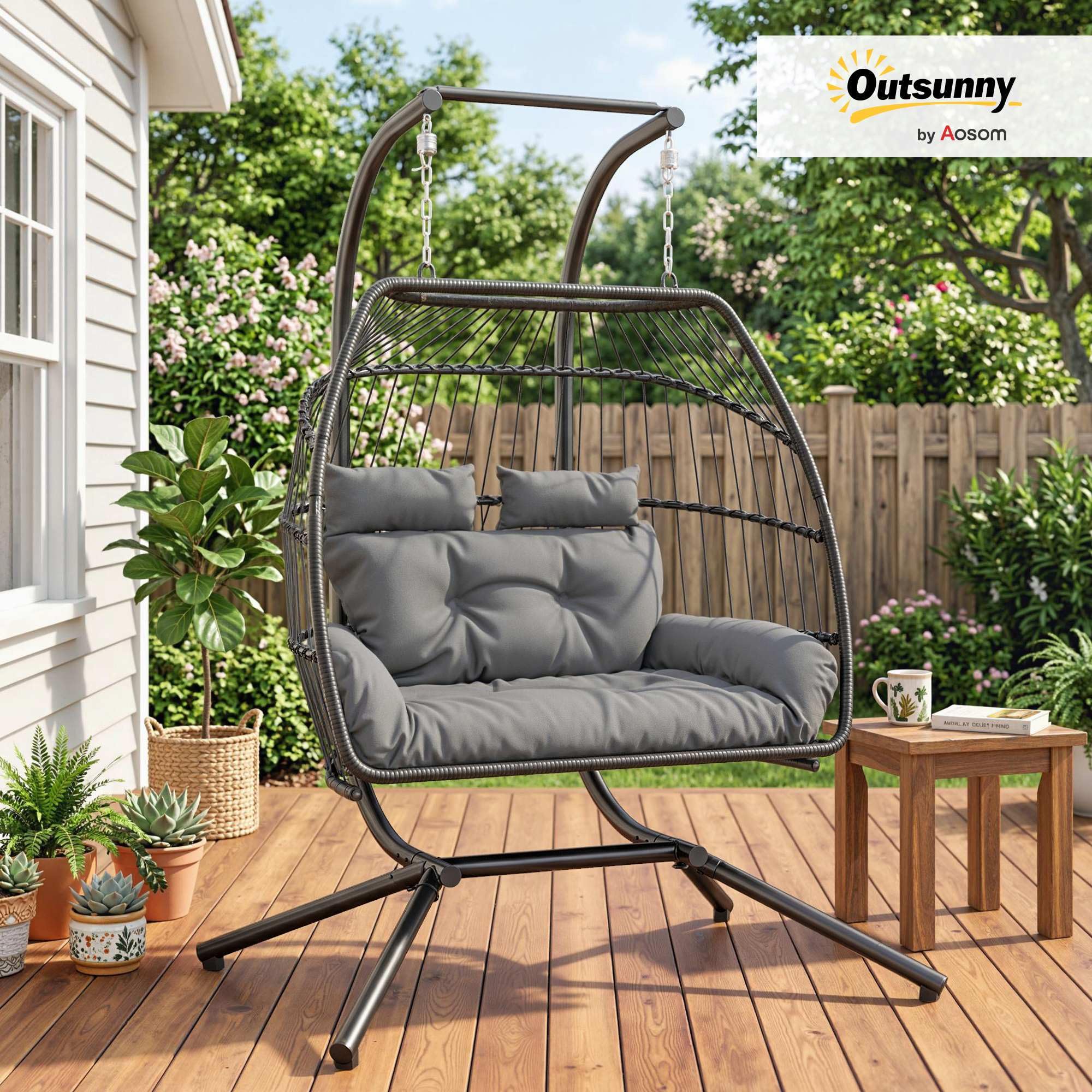 Outsunny Wiszący fotel składany z ramą dla 2 osób 260 kg Ciemnoszary | Kosz wiszący z poduszkami, Polyrattan, ergonomiczny, huśtawka, krzesło wiszące, fotel na balkon i taras