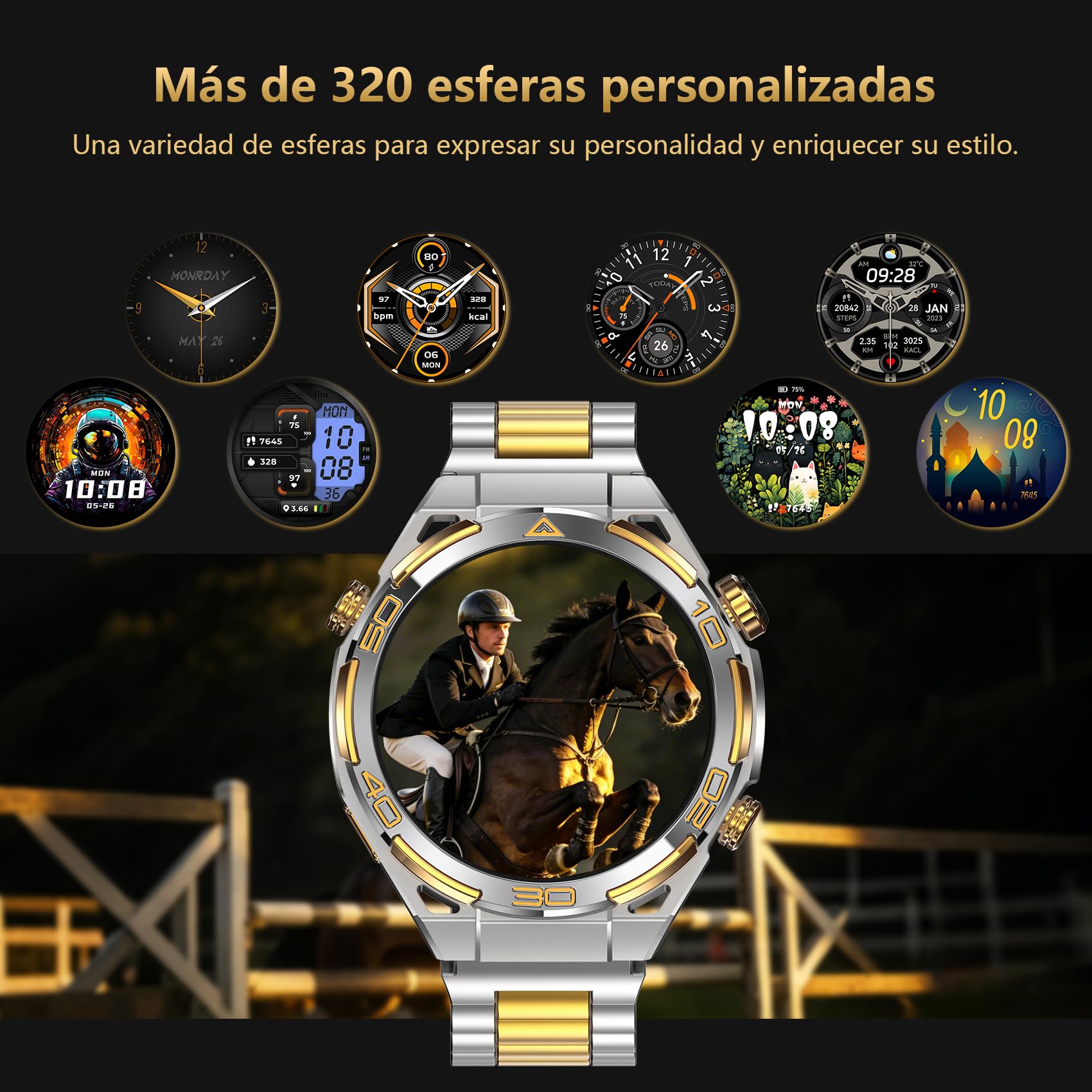 IOWODO Reloj Inteligente Hombre con GPS, Smartwatch 1.43" AMOLED con Llamadas Bluetooth, Chapado 14K, Linterna y Brújula, 20 Días Batería, Monitor Salud, 327 Esferas,100+ Deportes, IP68, 2 Correas