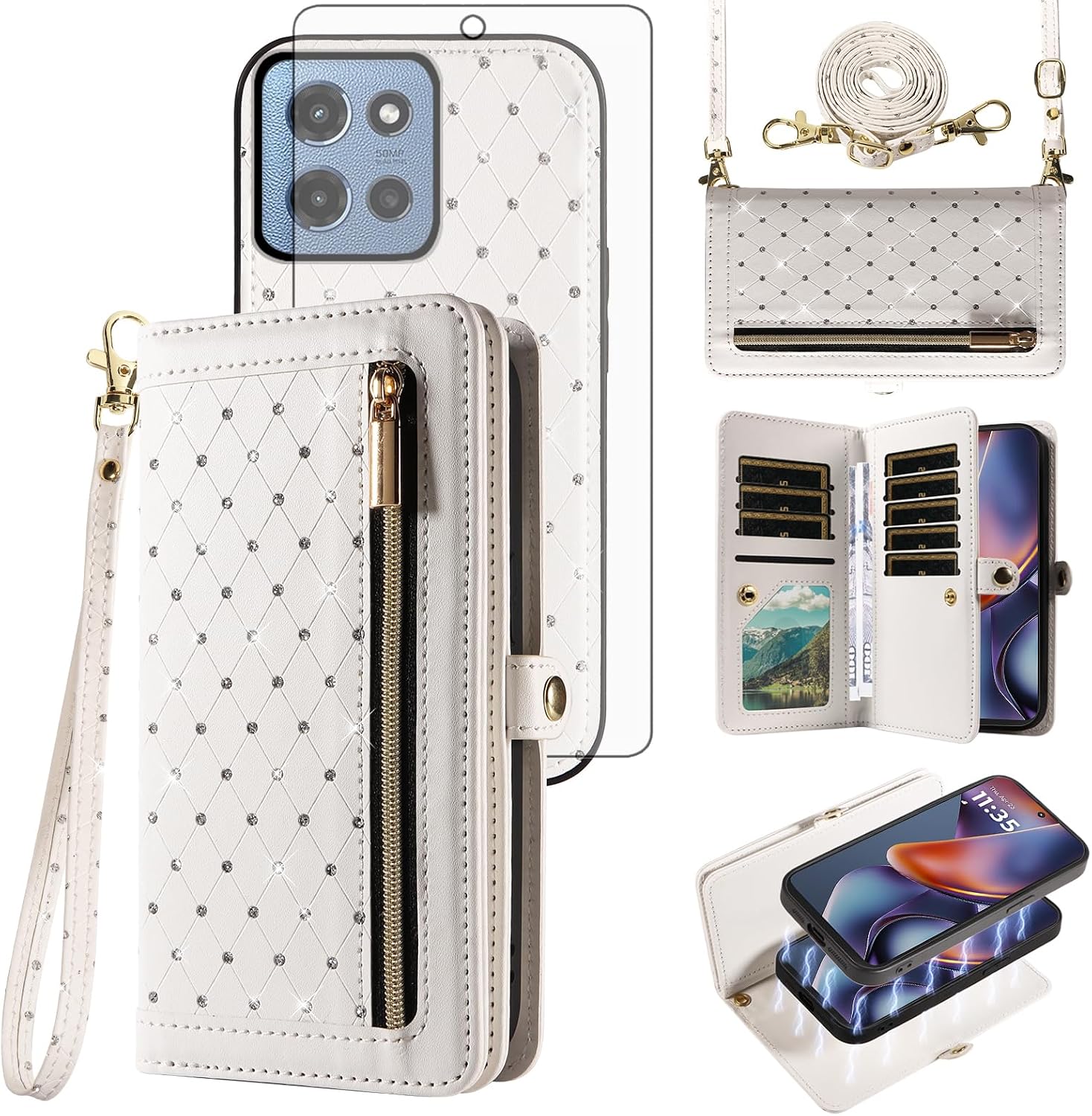 Phone Case for Motorola Moto G 5G 2025 Zipper Wallet Detachable Magnetic Cell Cover with Crossbody Lanyard Strap Bling Glitter Flip Credit Card Holder Slots G5G 5 G G5 Women Men Girls White