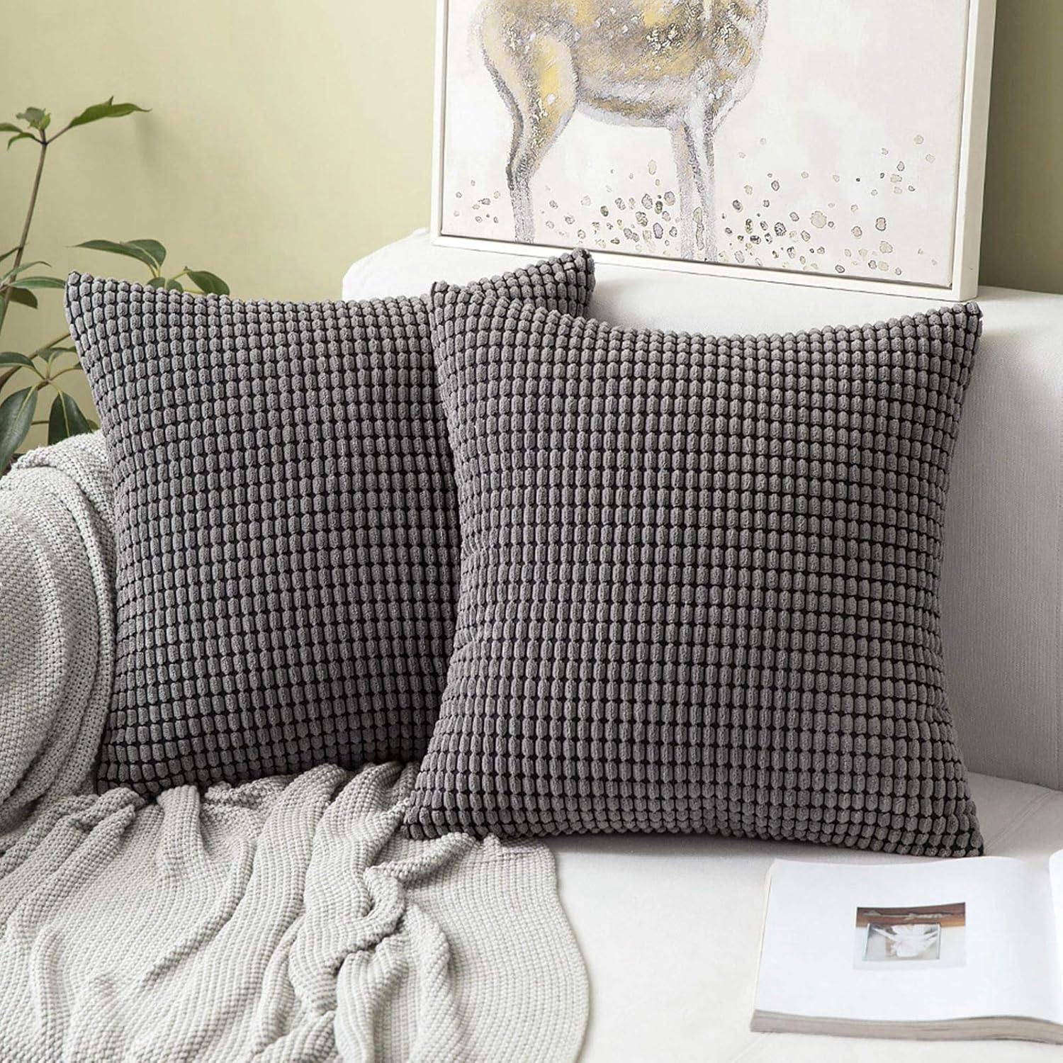 MIULEE Set of 2 Decorative Corduroy Grey Cushion Covers 26x26 Inches