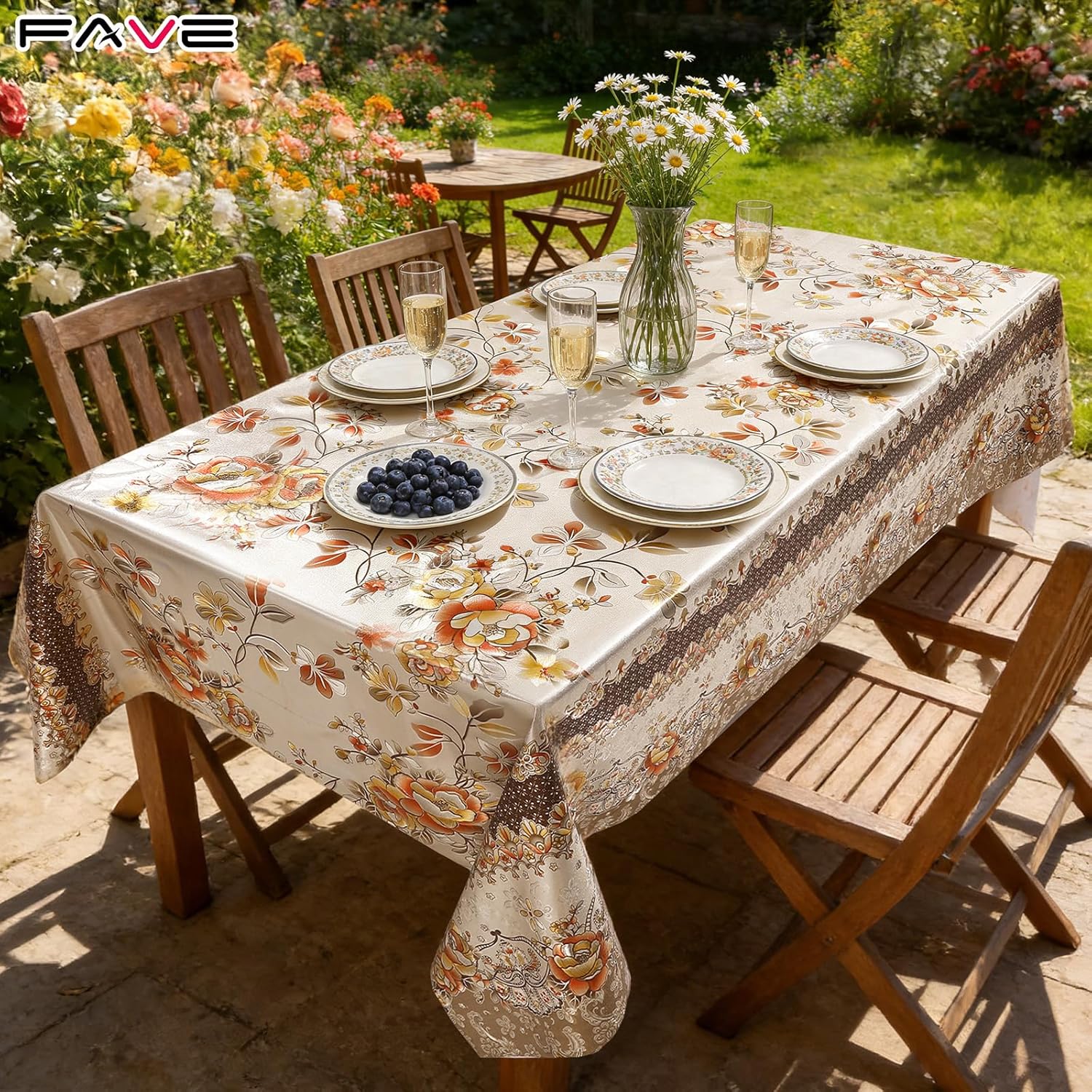 FAVE Peony Gold Tablecloths Vinyl Tablecloth for Kitchen Dining Table Wipeable PVC Tablecloth Cover for Wedding, Banquet, Birthday, Party, Restaurant Decorations(Gold,55”x78”)