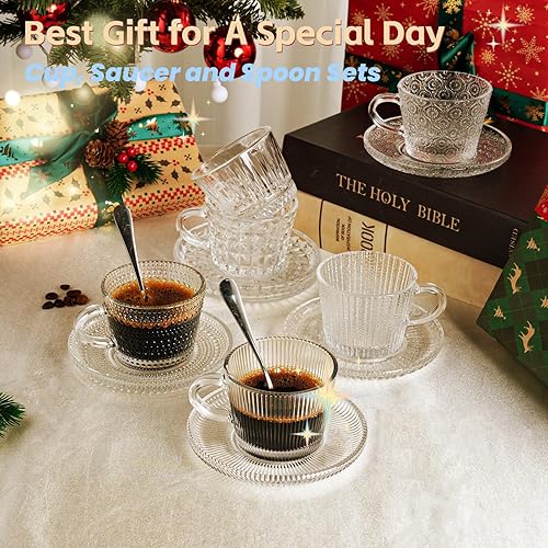 Miniatura 8 de Juego de 6 tazas de cristal para café espresso con platillos, taza demitasse pequeña transparente con cucharas de acero inoxidable, tazas de café