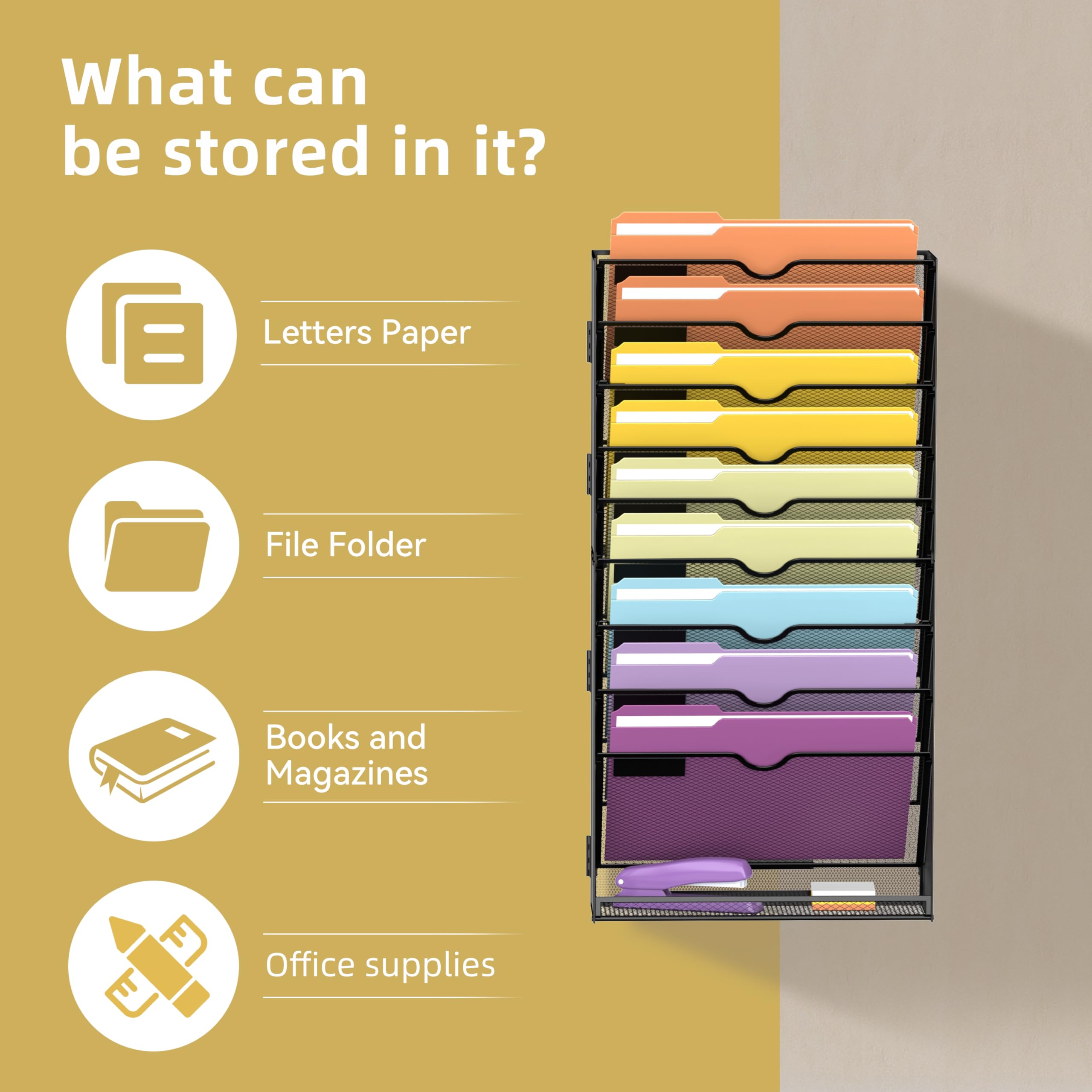 SUPEASY Organizer da parete a 10 ripiani per documenti, cartelle, cartelle, appunti e riviste, ideale per ufficio e casa, nero