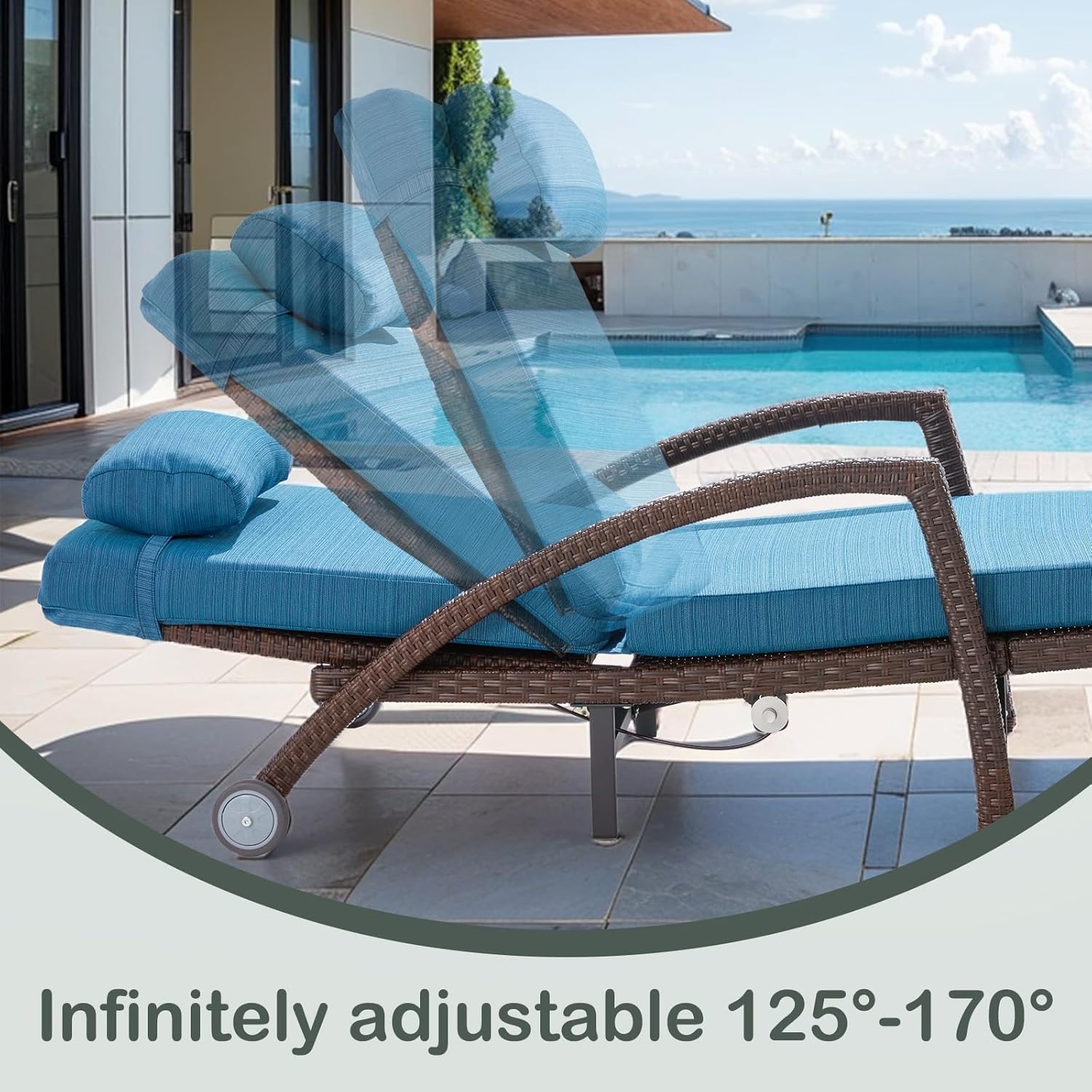 Outdoor Lounge Chairs Set of 2, Wicker Patio Pool Lounge Chair with Gas-Lift Adjustable Backrest, Comfy Outside Rattan Chaise Lounge w/Armrests, Pillow & Wheels for Backyard, Peacock Blue