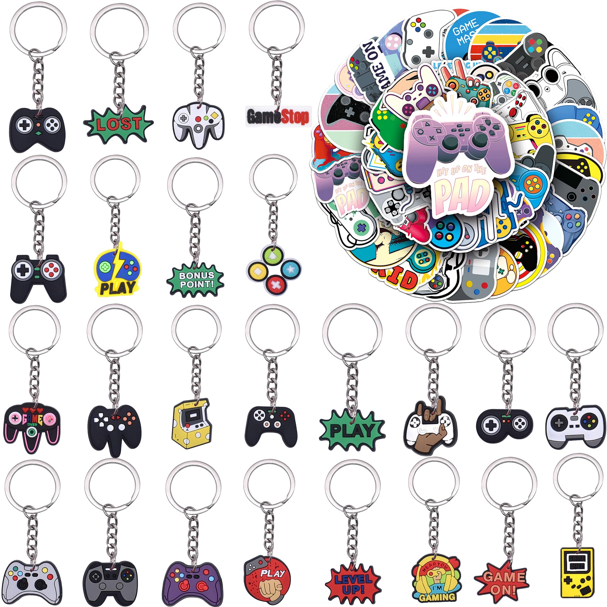 Planiflex 74PCS Gaming Birthday Party Decorations Set, 24PCS Video Game Keychains and 50PCS Gaming Stickers for Video Game Party Favor Party