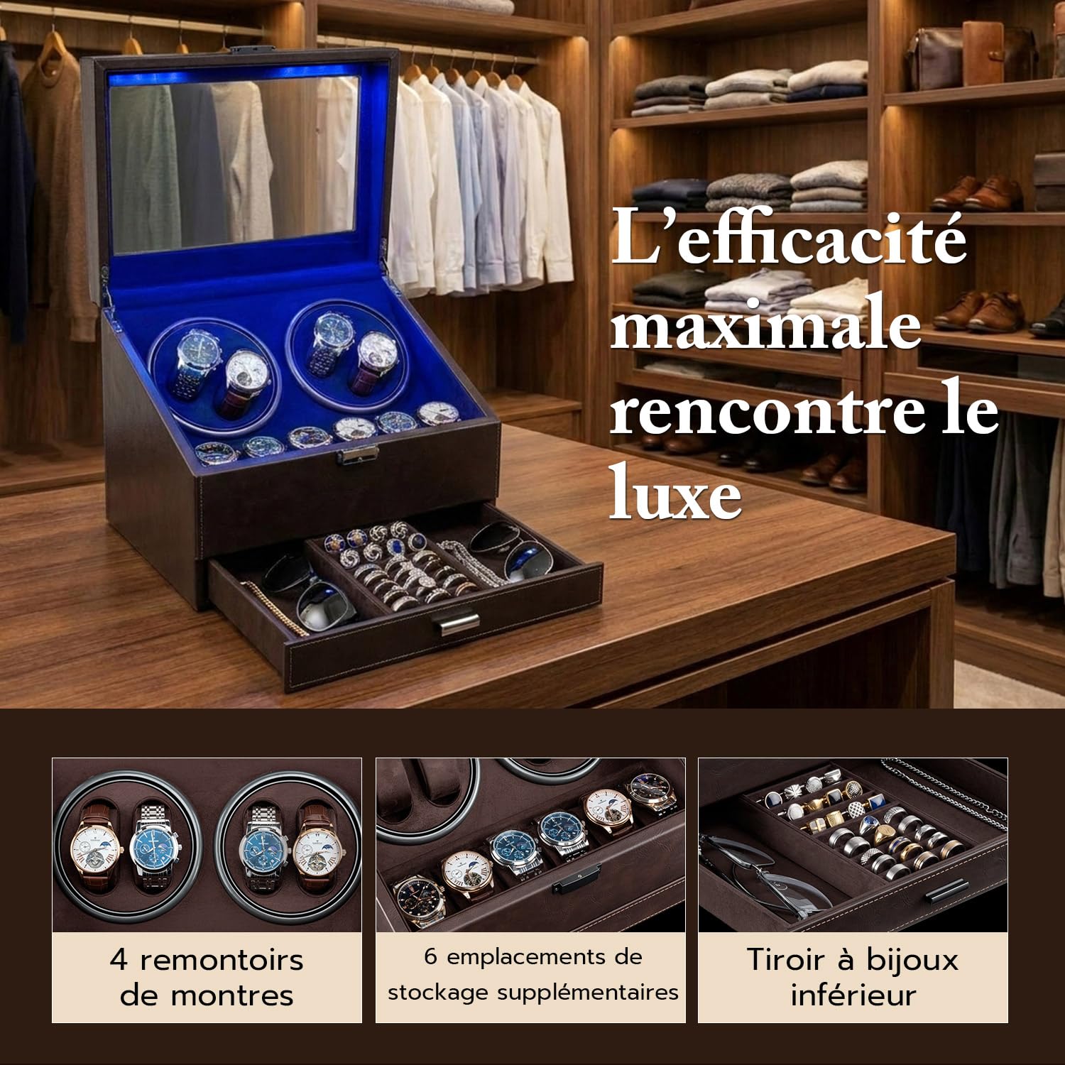 Mcbazel Remontoir Automatique pour 4 Montres avec 6 Compartiments | Éclairage d'Ambiance LED Bleu, Moteur Ultra-Silencieux, 4 Modes de Rotation, Fonction d'Arrêt Intelligent à l'Ouverture