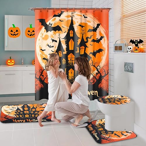 Miniatura 5 de Juego de 4 cortinas de ducha de Halloween, juego de baño de Halloween con cortina de ducha y alfombras, cubierta de tapa de inodoro, cortina de