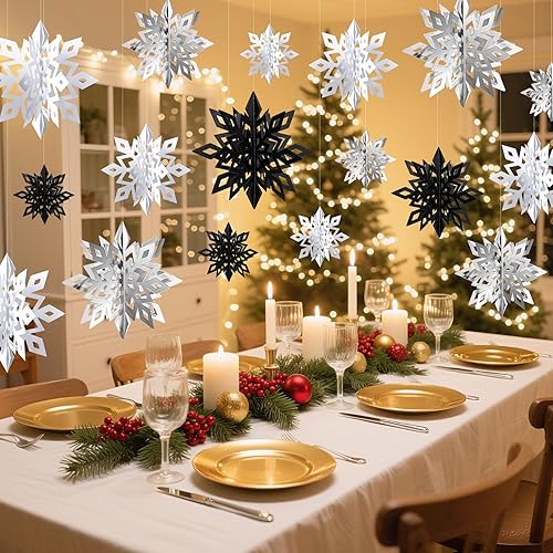 Vista 16 de 36 decoraciones de copos de nieve de Navidad, guirnalda de copos de nieve de papel blanco grande 3D para colgar copos de nieve para invierno, país