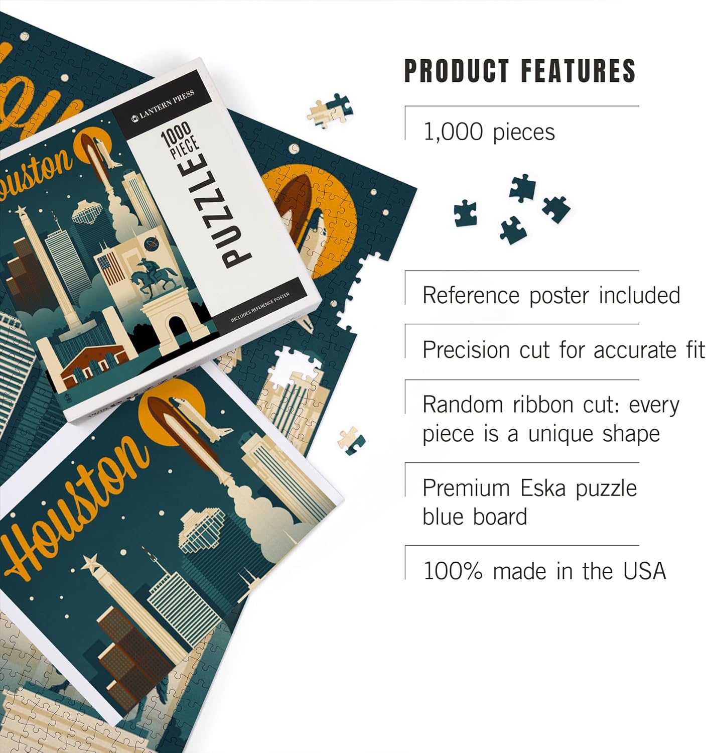 Lantern Press Houston, Texas, Retro Skyline, 1000 Piece Jigsaw Puzzle for Adults, Made in USA with Reference Poster