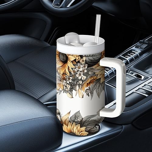 Miniatura 10 de Vaso de viaje floral de acero inoxidable de 40 onzas con asa, taza aislada al vacío de doble pared con tapa y popote