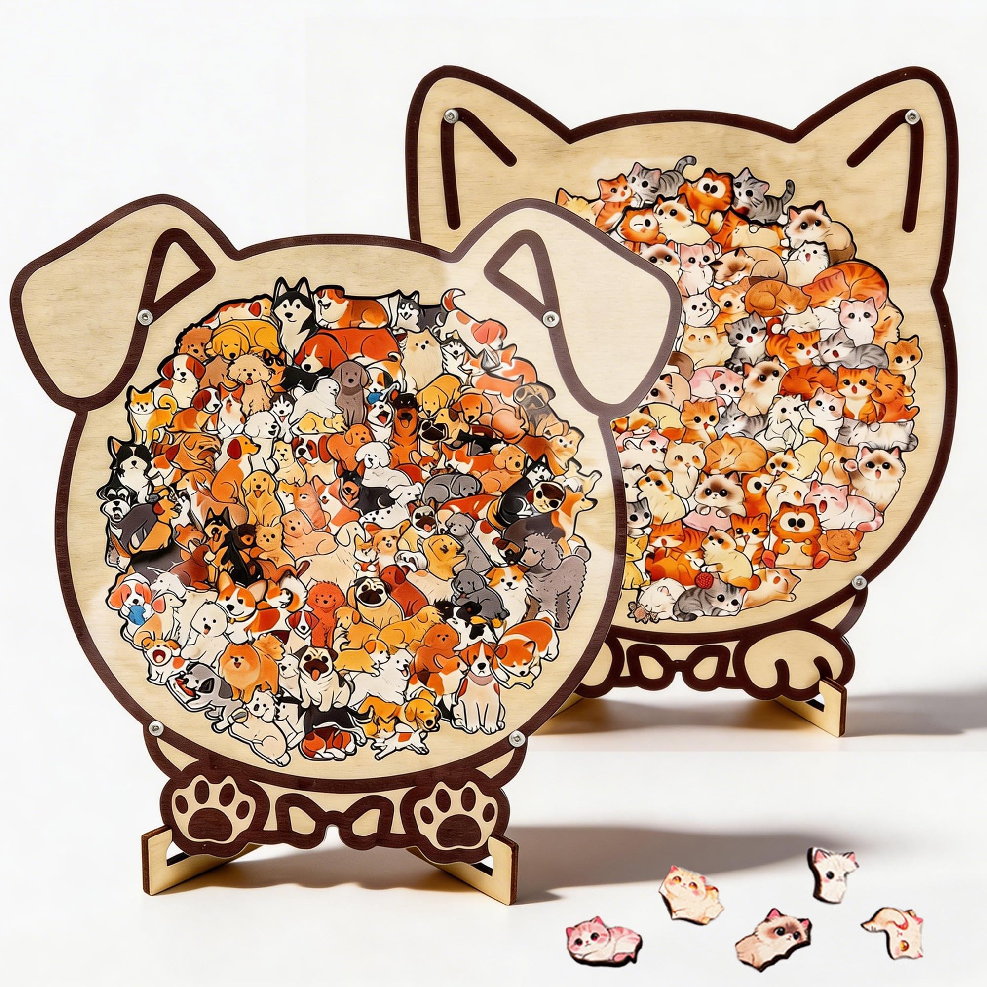 Wooden Dog and Cat Shaped Jigsaw Puzzle with Stand, Unique Animal Shape Wood Puzzle, Creative Gifts for Dogs and Cats Lovers, Home Decorative Display Piece(Cat&Dog) โ image 1