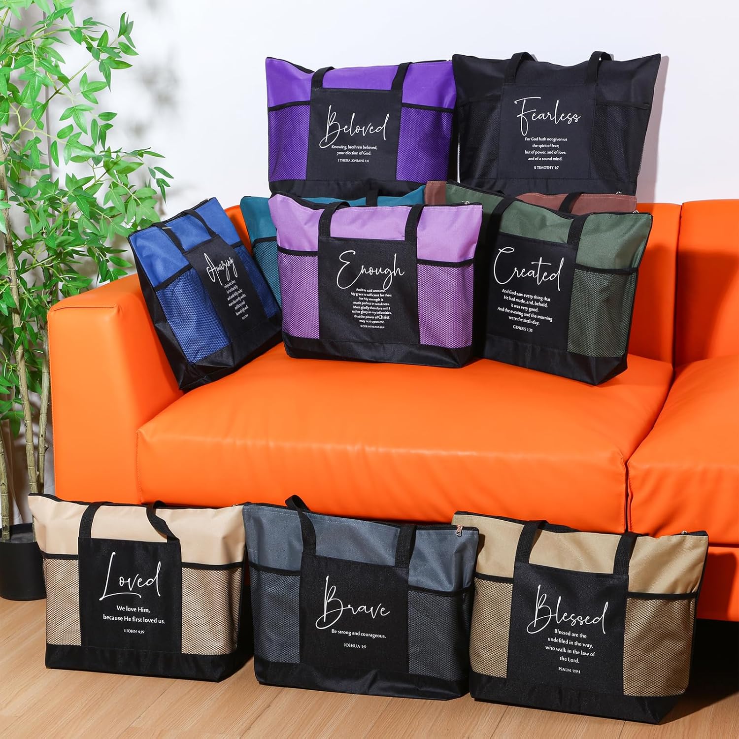 Paterr 10 Pcs Christian Mothers Day Tote Bags Bulk with Pocket Zipper for Women Religious Gifts for Church Bible Study Bags(Morandi,Encouraged)