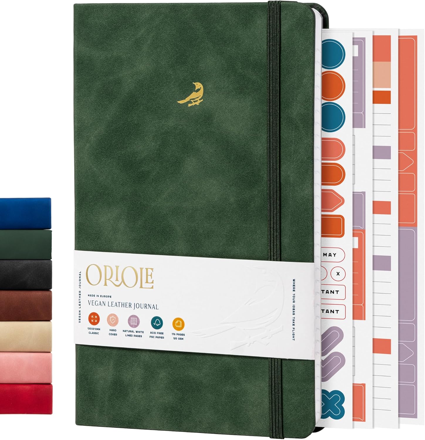 Oriole Vegan Leather Ruled Notebook - Racing Green | 176 Pages of Thick Lined Paper | Soft Touch Hardcover Journal (5 x 8 in) with Gold Foil Bird Design & Luxury Gift Box