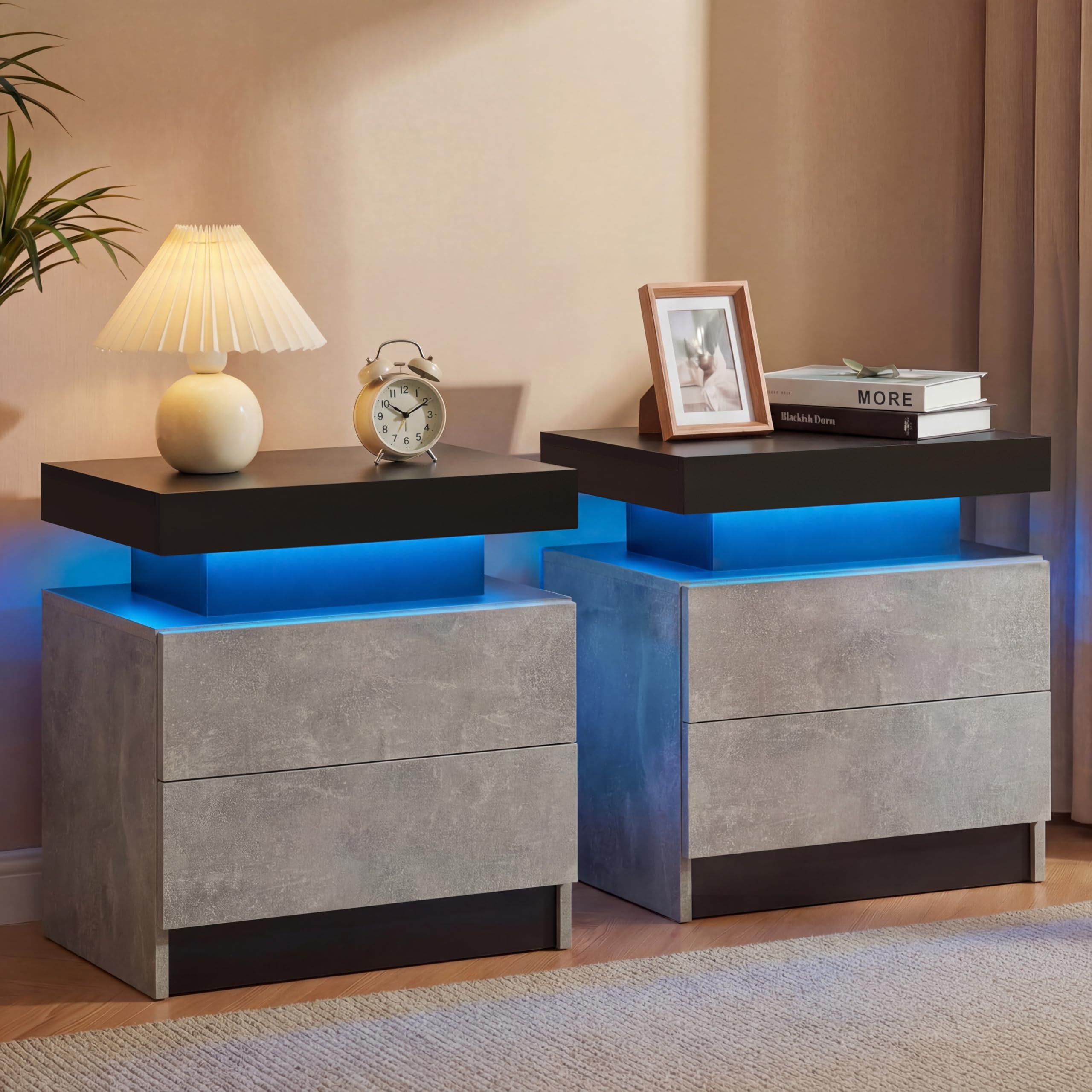 Cubehom Nachttisch mit LED Beleuchtung und 2 Schubladen – Moderner Nachtschrank/Beistelltisch für Schlafzimmer & Wohnzimmer, Hochglanz, 49×35×52 cm