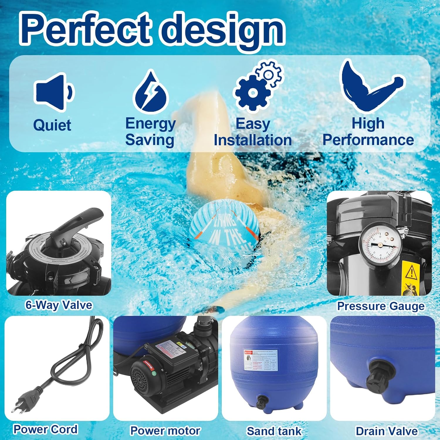 Sand Filter Pump High-Flo Sand Filter Pump System 14" Filter Tank Max 3600 GPH 3/4HP Pool Pump for Above Ground Swimming Pool,6-Way Multi-Port Valve & Strainer Basket,Easy Installation for Pools