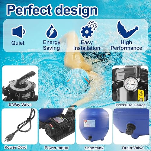 Miniatura 5 de Bomba de filtro de arena Sistema de bomba de filtro de arena de alta flor, tanque de filtro de 12 pulgadas, máximo 2,400 GPH 34 HP Bomba de piscina