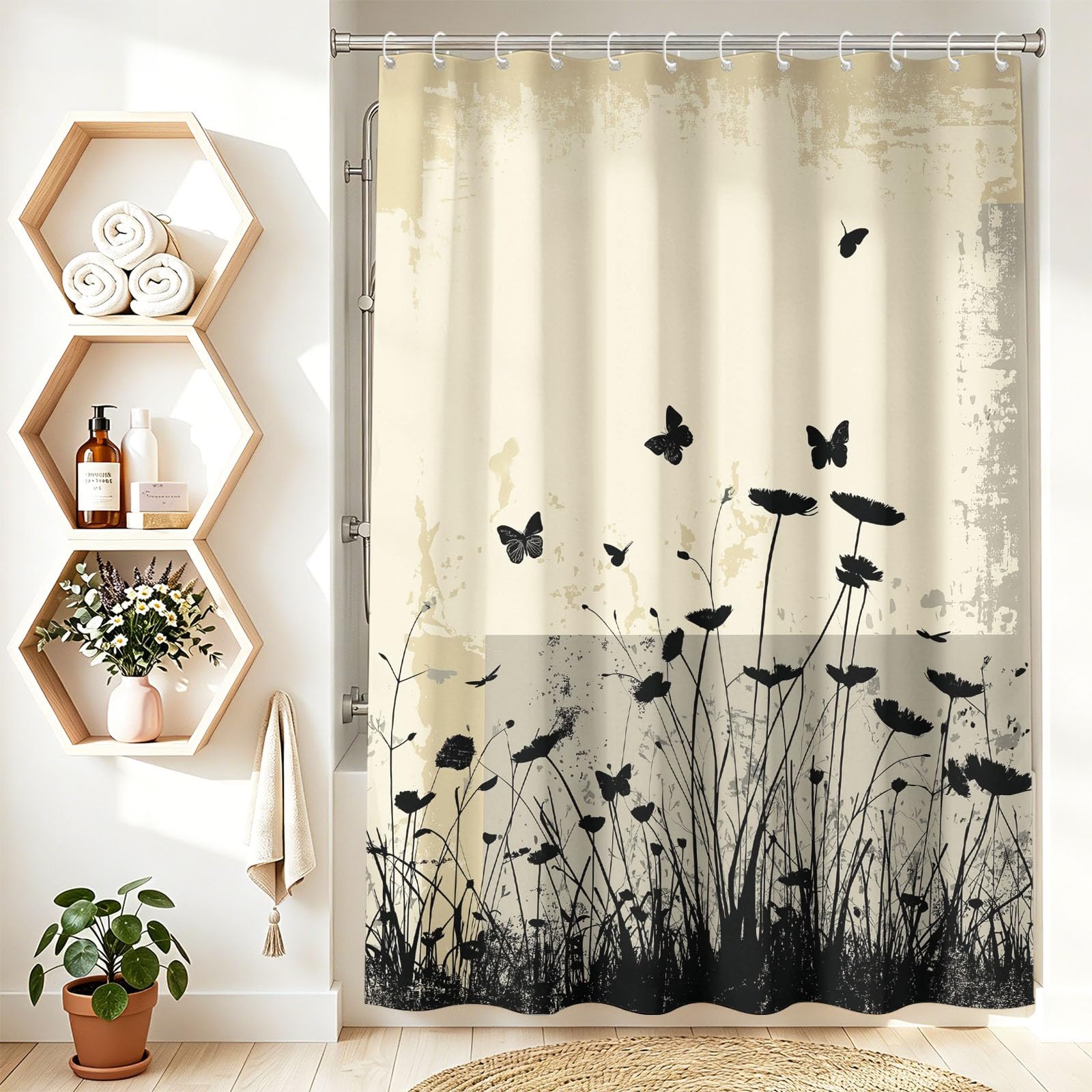 Rideau de Douche Moderne Abstrait en Polyester imperméable et Lavable avec Crochets, 240 x 200 cm, Rideau de Salle de Bain Géométrie Floral Silhouette Composition divisée Nature pour Salle de Bain