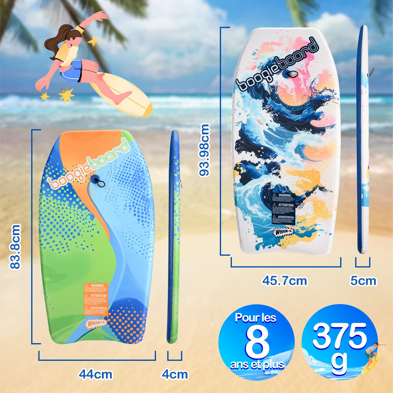 Wham-O Lot de 2 Planches de Boogie, Bodyboard avec Laisse de Poignet, Revêtement Fiberclad Noyau Phuzion, Tail Crescent pour Océan Enfants 5+ Adolescents Adultes - Courbe/Vague