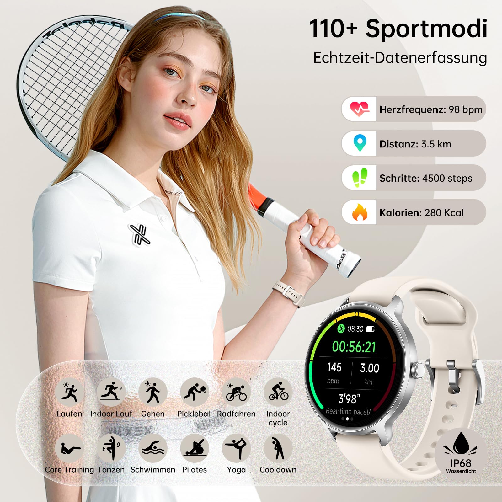 Smartwatch Damen Herren Rund, 1.27" AMOLED Smart Watch mit Telefonfunktion, Fitnessuhr Damen mit Pulsuhr Schlafmonitor Schrittzähler, 120+ Sportmodi, IP68 Wasserdicht Sportuhr für Samsung iOS Android