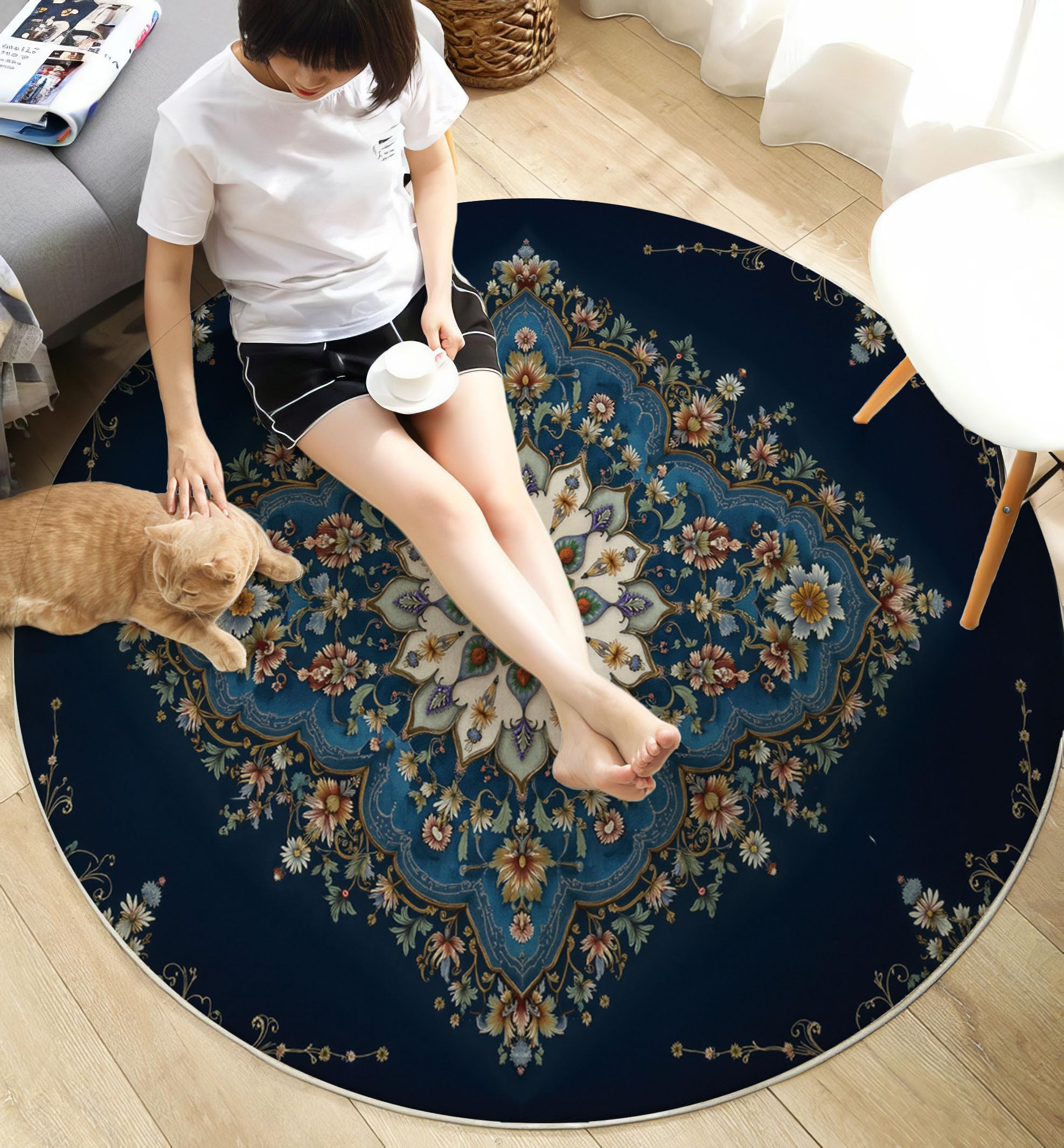Tapis Rond 120cm Lavable Machine, Moquette Antidérapante Poil Bas Style Style de Tapis Persan, Motif Motif Floral géométrique Doux pour Salon, Chambre, Cuisine, Nursery, Bureau Bleu foncé