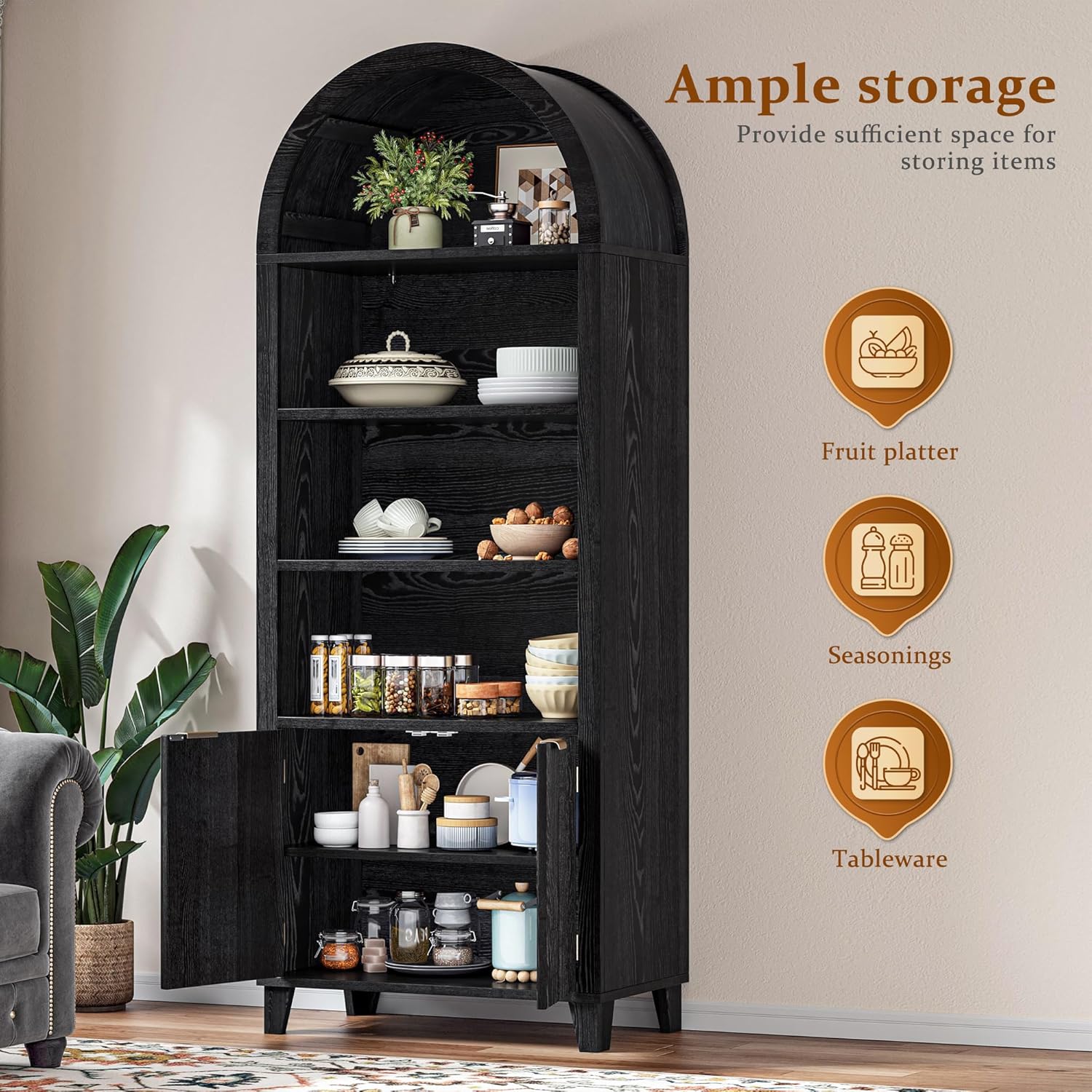 DurayLoly 79.9" Tall Arched Pantry Cabinet, 6-Tier Kitchen Pantry Cabinet with Fluted Doors, Arch Storage Cabinet with Open & Adjustable Shelves, Versatile Cupboard for Dining Room, Living Room,Black