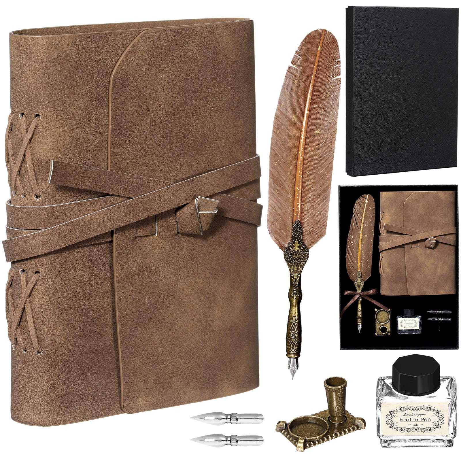 Mooliwe 6pcs Feather Quill Pen and Ink Set, Leather Bound Vintage Journal Notebook Feather Pen Empty Ink Bottle Holder 2 Nibs, Antique Diary Men Women