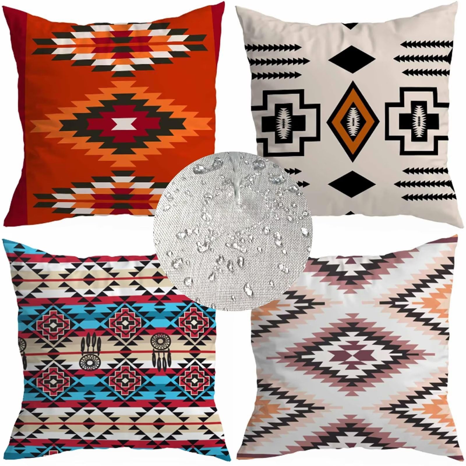 Pack of 4 Boho Decorative Throw Pillow Covers, Colourful Summer Outdoor Pillow Covers, Square Double Sided Waterproof Linen Cushion Case, for Sofa Living Room Bedroom Decor 30x30cm/12x12Inch S-5231
