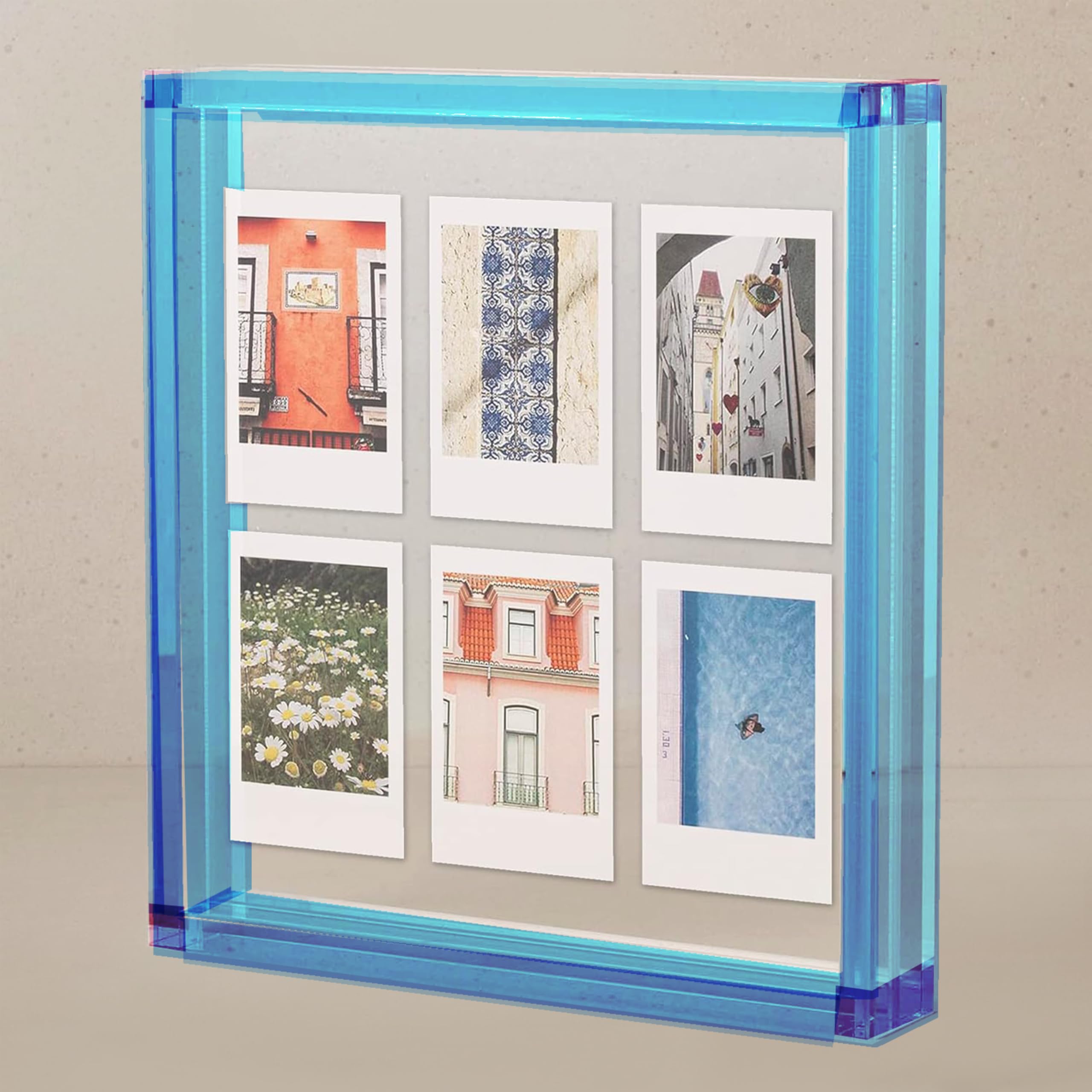 Eli Blue Polaroid Picture Frame - 8.3" x 7.6" Collage Frame for Fujifilm Instax, Wedding & Family Photos - Double Glass Acrylic Floating Frame