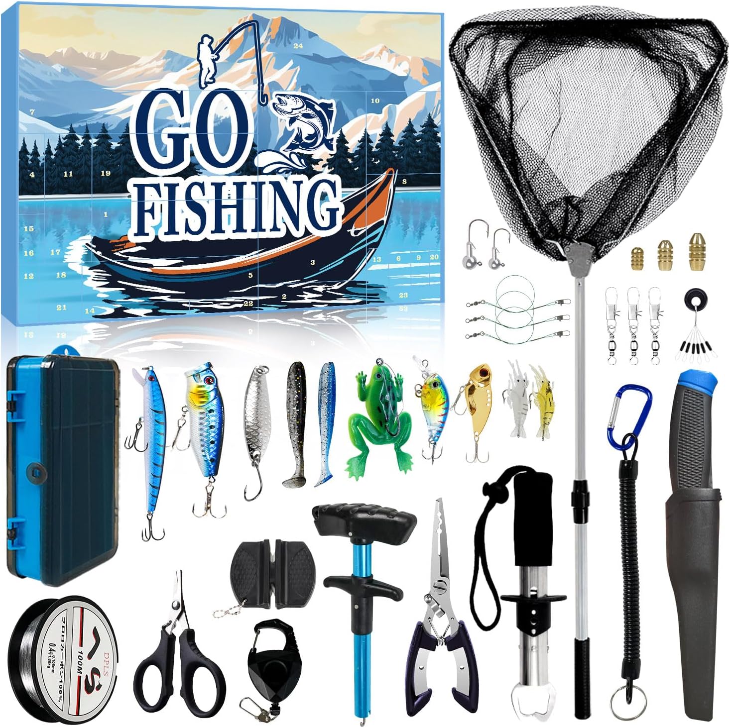 MH MYLUNE HOME Fishing Advent Calendar 2025-24 Days Fishing Tools and Lures Kit for Fisher Adult Men Teen, Fish Net, Hook Remover Tool, 2025 for Men, Xmas Surprise Gift