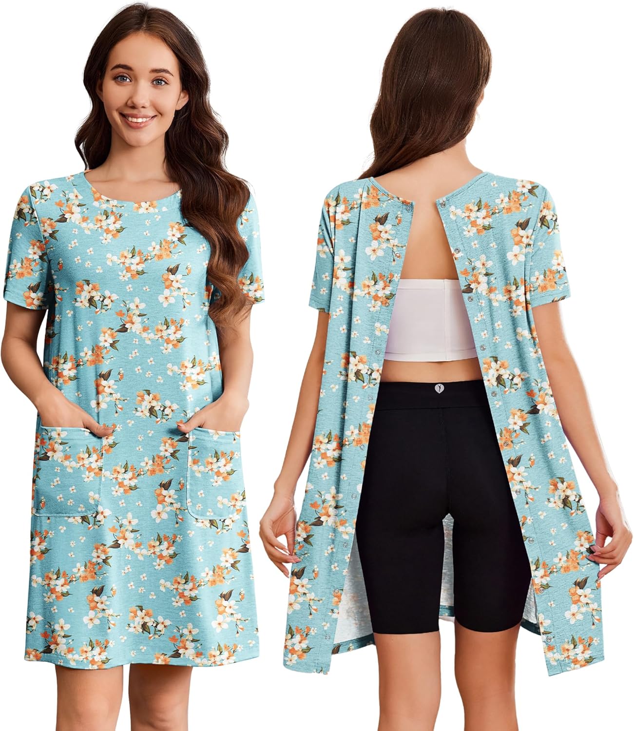 Deyeek Hospital Gowns for Women Open Back Tear Away Snap Nursing Dress Short Sleeve Soft Adaptive Clothing With Pockets