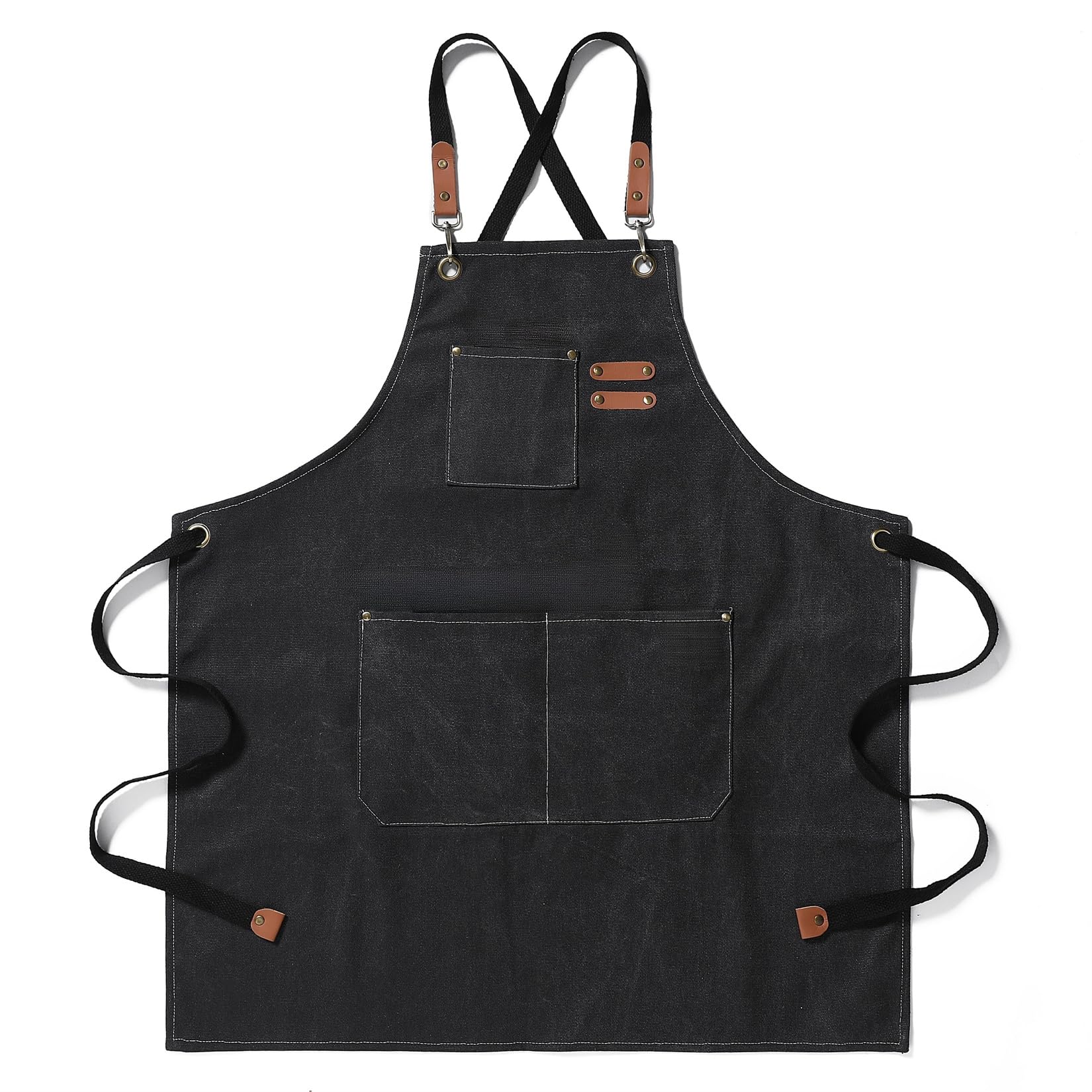 DEVECHO Chef Apron Medium-Thick Cotton Canvas,Cross Back with Multiple Pockets Adjustable Work Apron for Men and Women (Black)