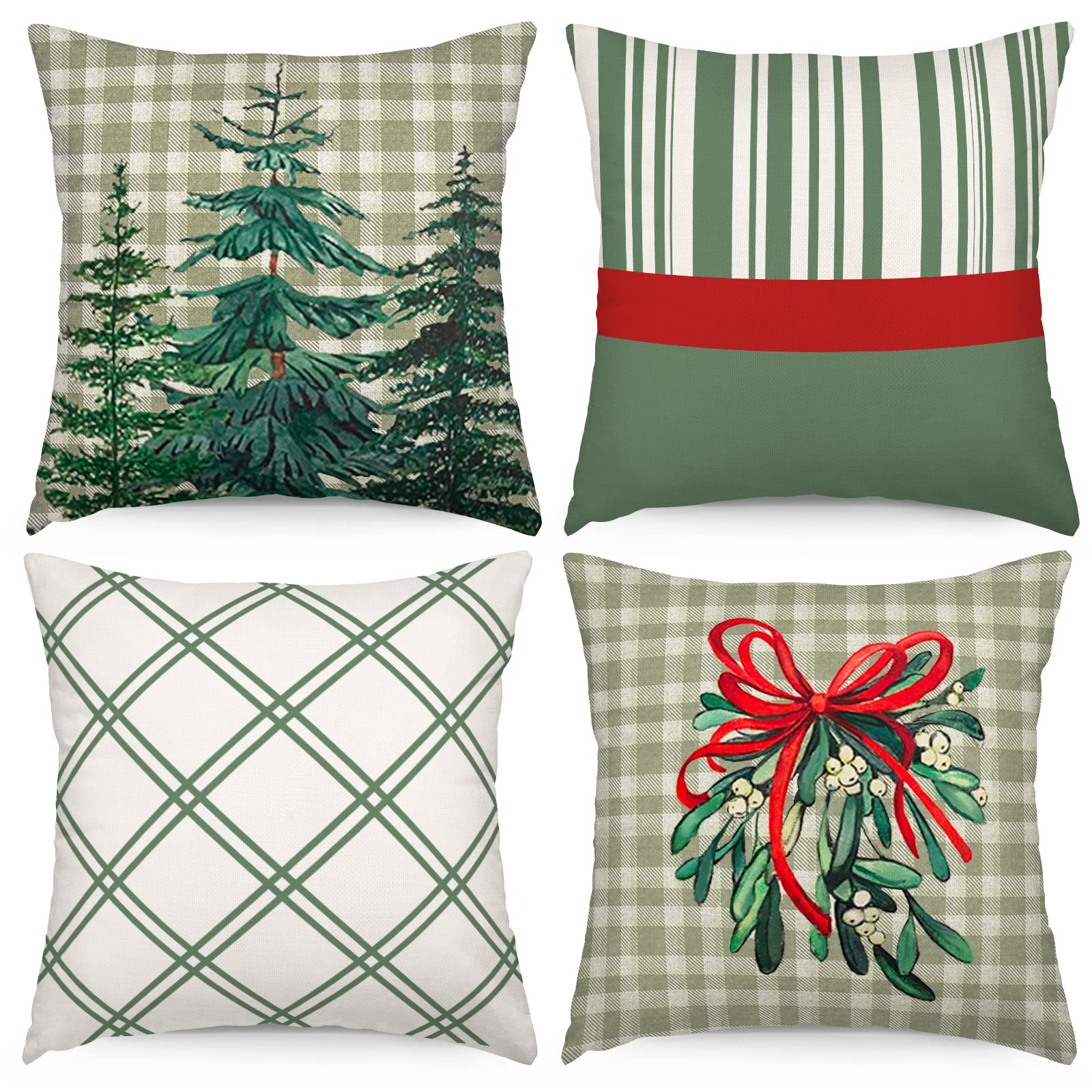 Fixwal Christmas Pillow Covers 18x18 Inch, Christmas Decoration Set of 4 Christmas Tree Throw Pillowcase, Green Buffalo Plaid for Indoor Home Couch Christmas Decor