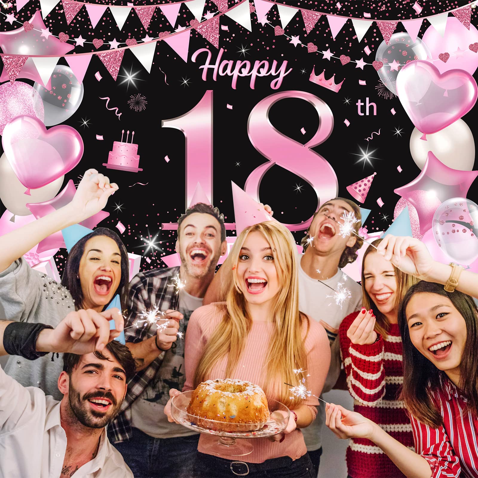 18. Geburtstag Dekoration – Stoff-Schild 150x90 Cm, Rosa-glitzer Hintergrund Für Party, Tischdekoration