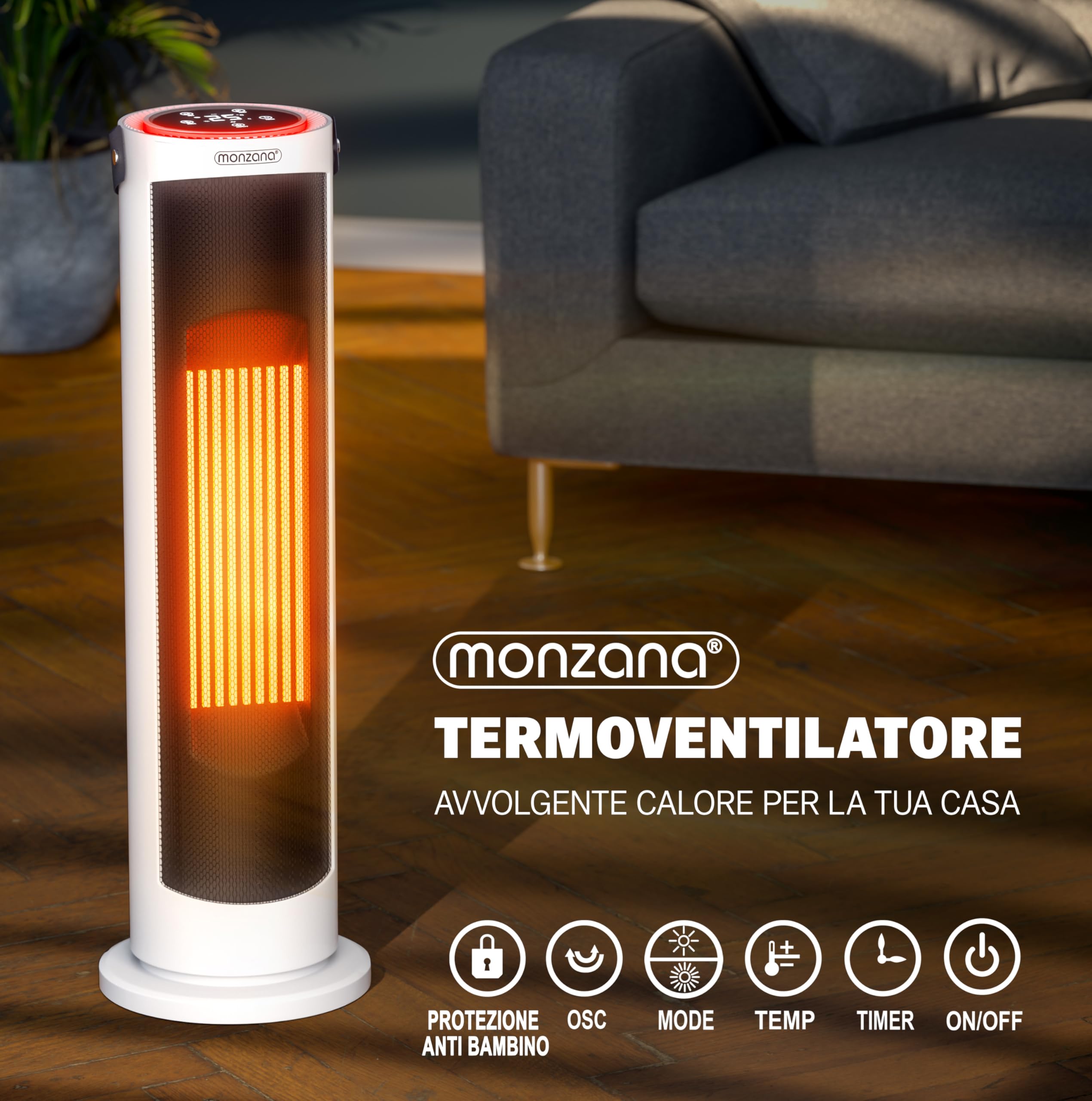 Monzana Termoventilatore da 2000W 15-35°C Modalità ECO Teleocmando Display Touch LED Luminosi