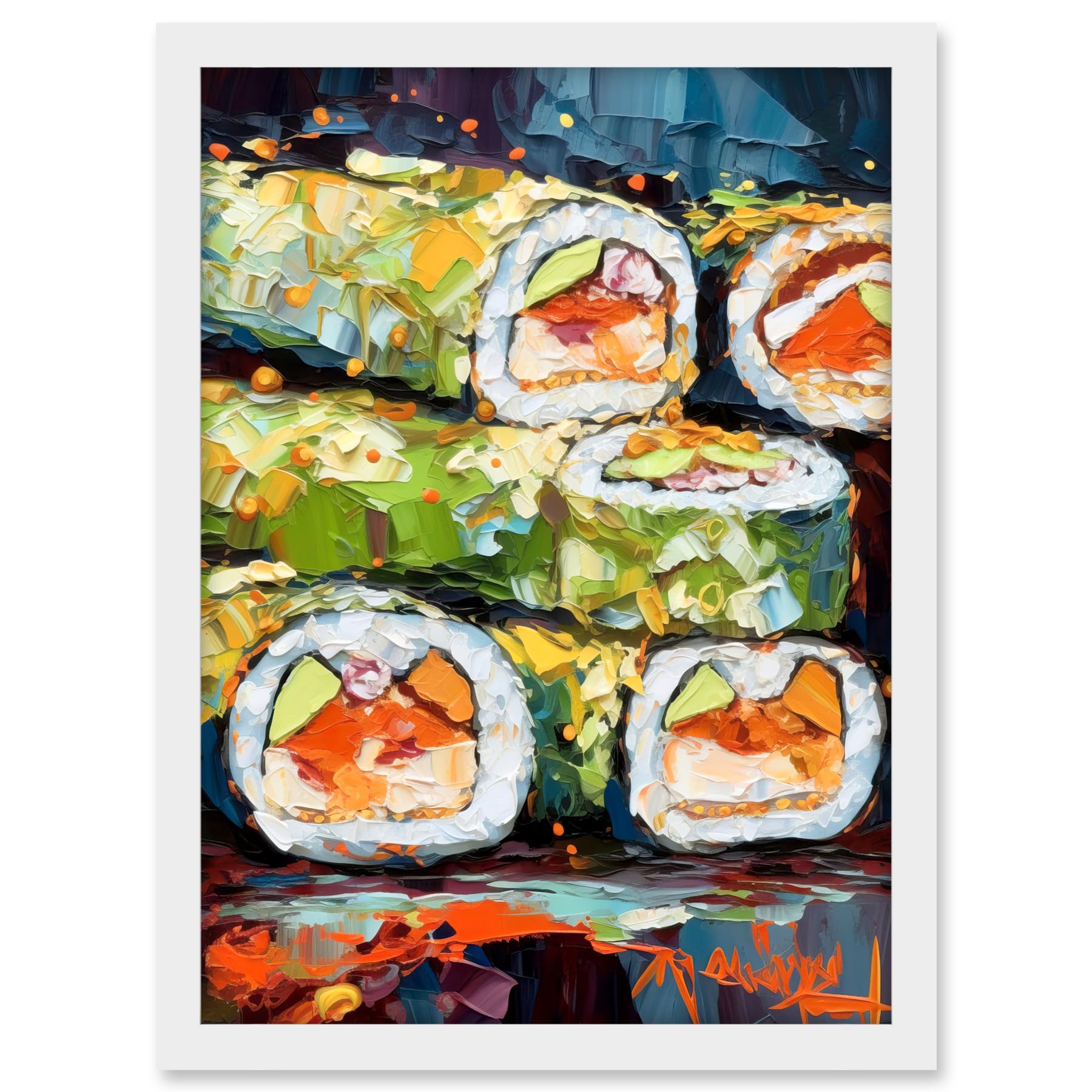 Artery8 Vibrant Japanese Cuisine Sushi Roll Oil Painting Artwork Framed A3 Wall Art Print