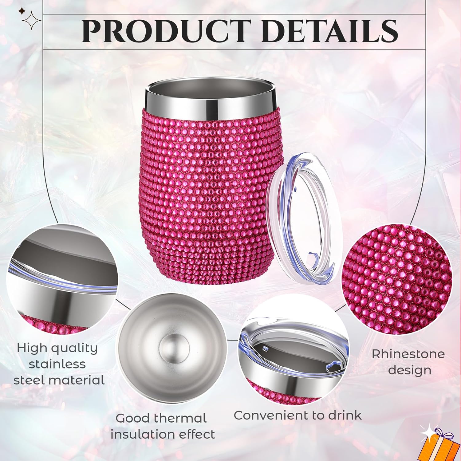 Bling Wine Tumbler with Lid Diamond Rhinestone Gradient Pink Stainless Steel Insulated Wine Tumbler for Women Mother Bachelorette Wedding Cups Reusable Travel Coffee Mug - Image 3