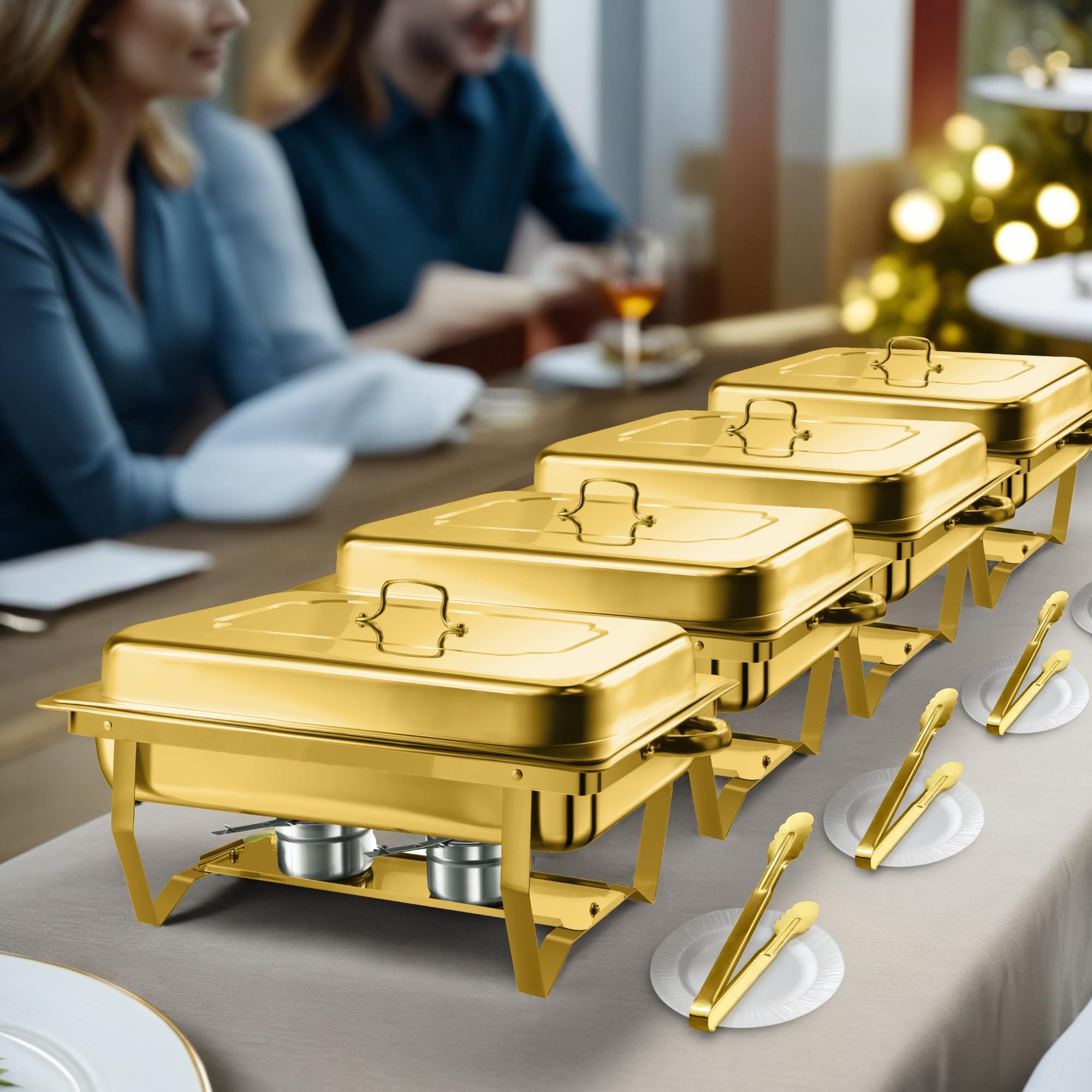 NKTOLEE Platos para bufé, paquete de 4 platos dorados de 8 cuartos de galón, servidores y calentadores de buffet de alta calidad con pinzas doradas, calentadores de alimentos para fiestas, bufé