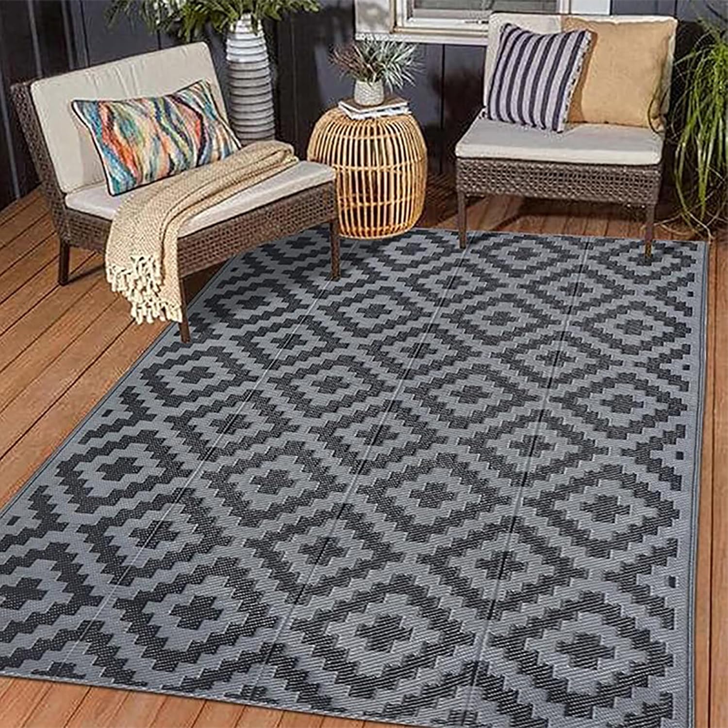 Tapis Exterieur Noir et Gris 120x180 Tapis Plastique Réversible Petite,Tapis de Sol Camping Car Exterieur Portable,Tapis Imperméable Rectangulaire Pliable pour Terrasse Jardin Balcon Plage