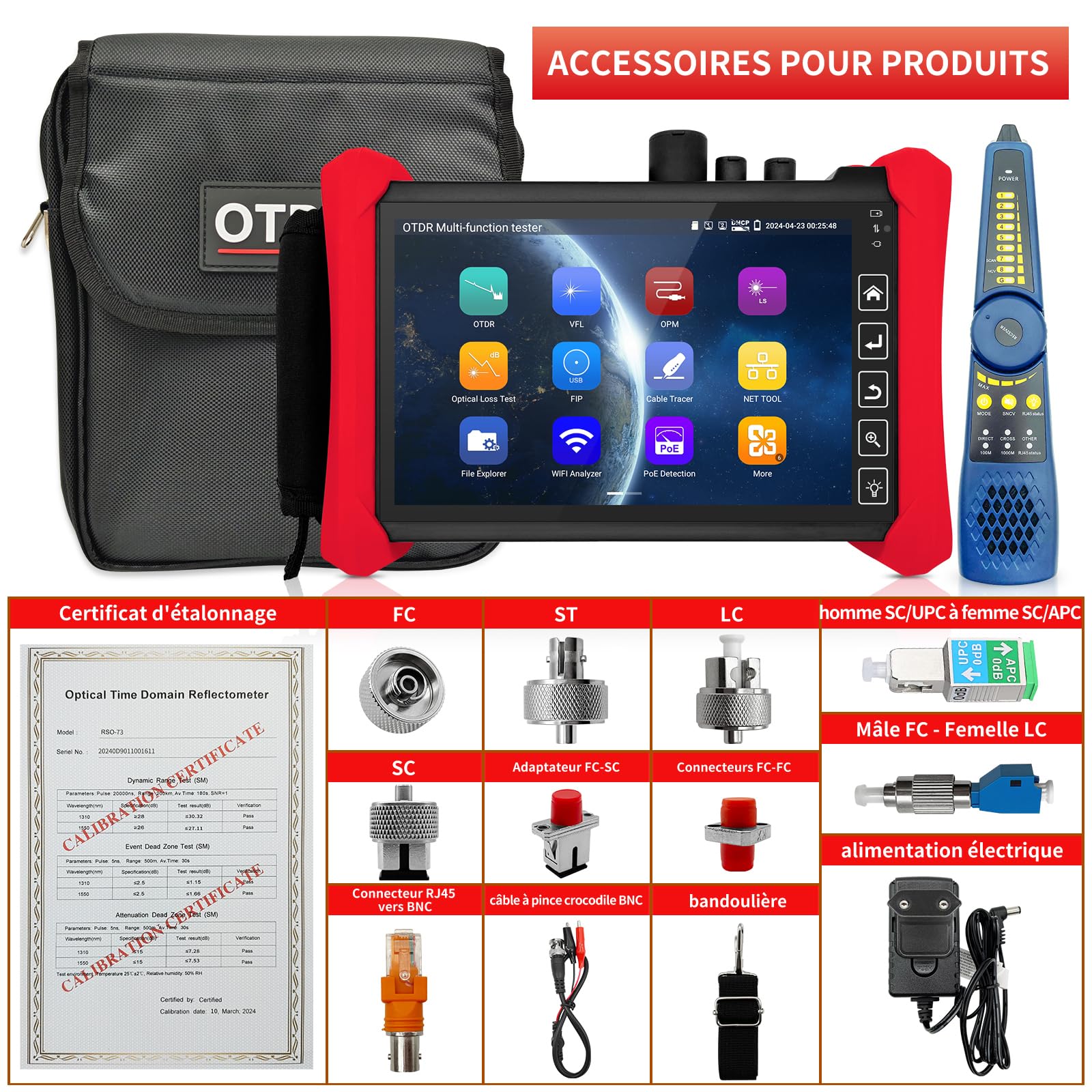 Henkion Testeur de fibre optique OTDR 1310/1550 nm 28/26 dB Mode Auto/Expert, Carte des Événements, Testeur de Câbles LS OPM OLS, Outils Réseau, Écran Tactile IPS 7", 8 Adaptateurs Fibre Optique