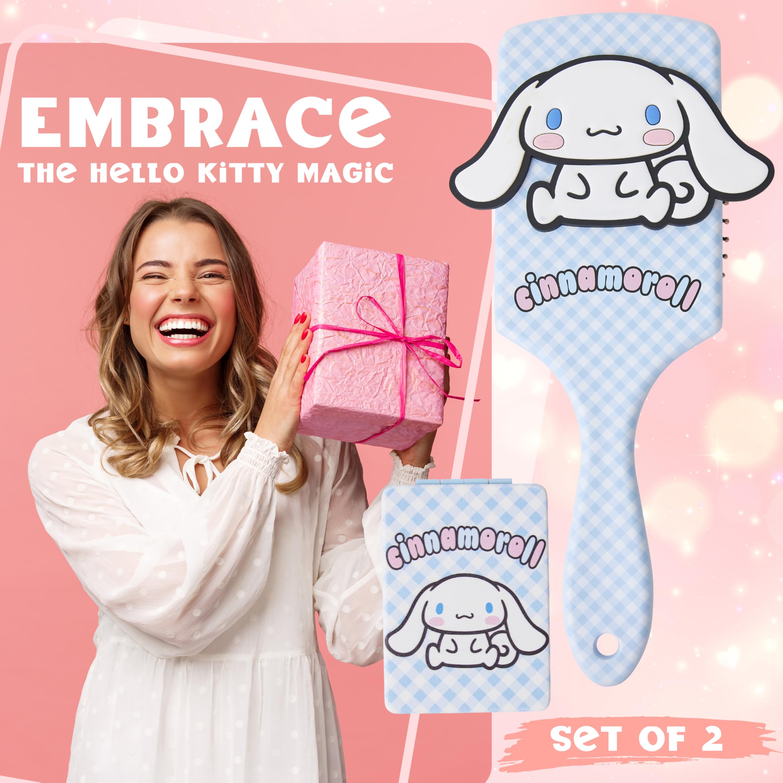 Hello Kitty Sanrio Hair Brush & Mirror Set for Girls Women Kuromi Cinnamoroll Paddle Brush Detangler Kawaii Folding Mirror - Image 2