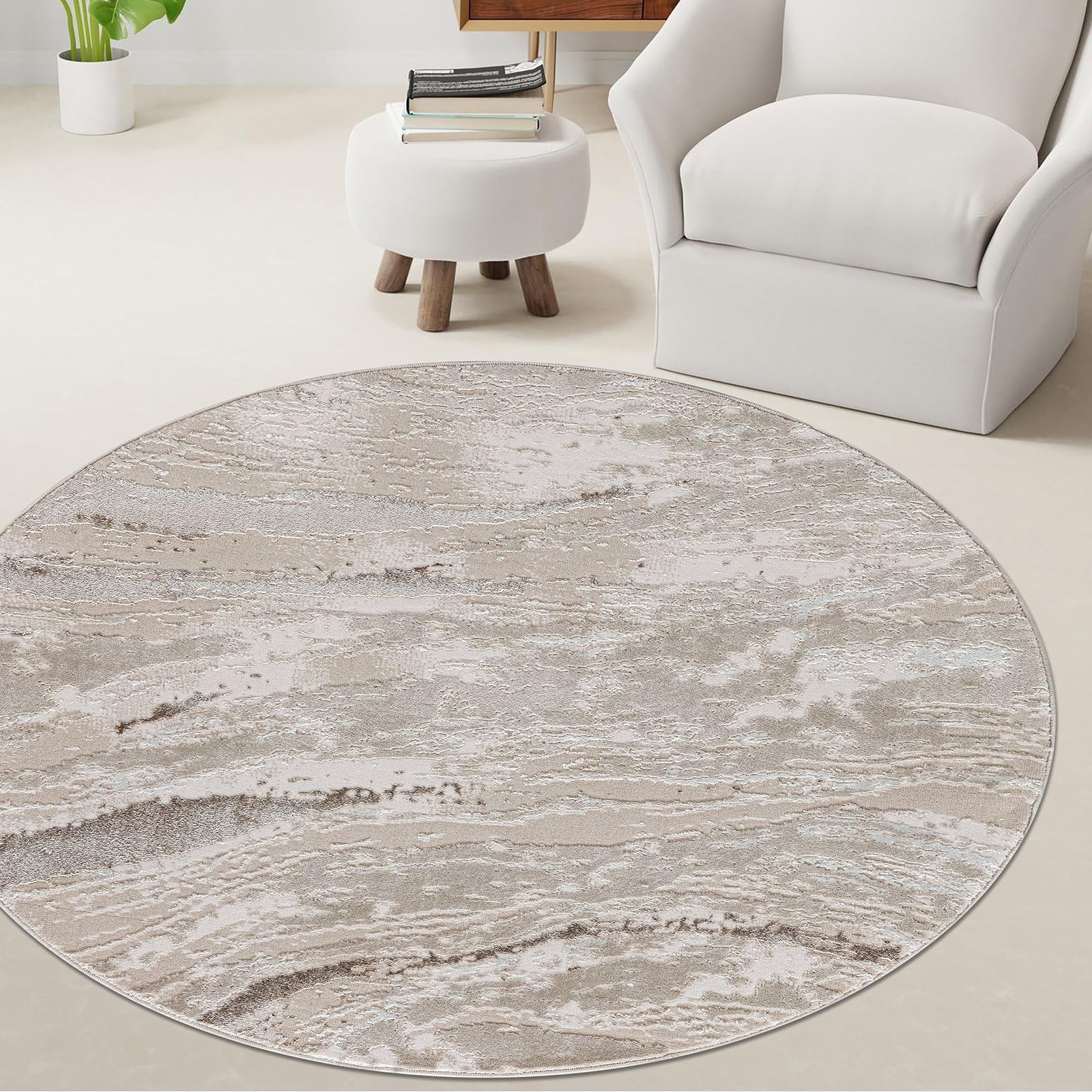 renoazul® Soft Pile Round Rug With Jute Backing, Jeze Abstract Beige Rugs - 120 x 120 cm - Washable Circle Rug For Lounge, Sofa Side and Sitting Room