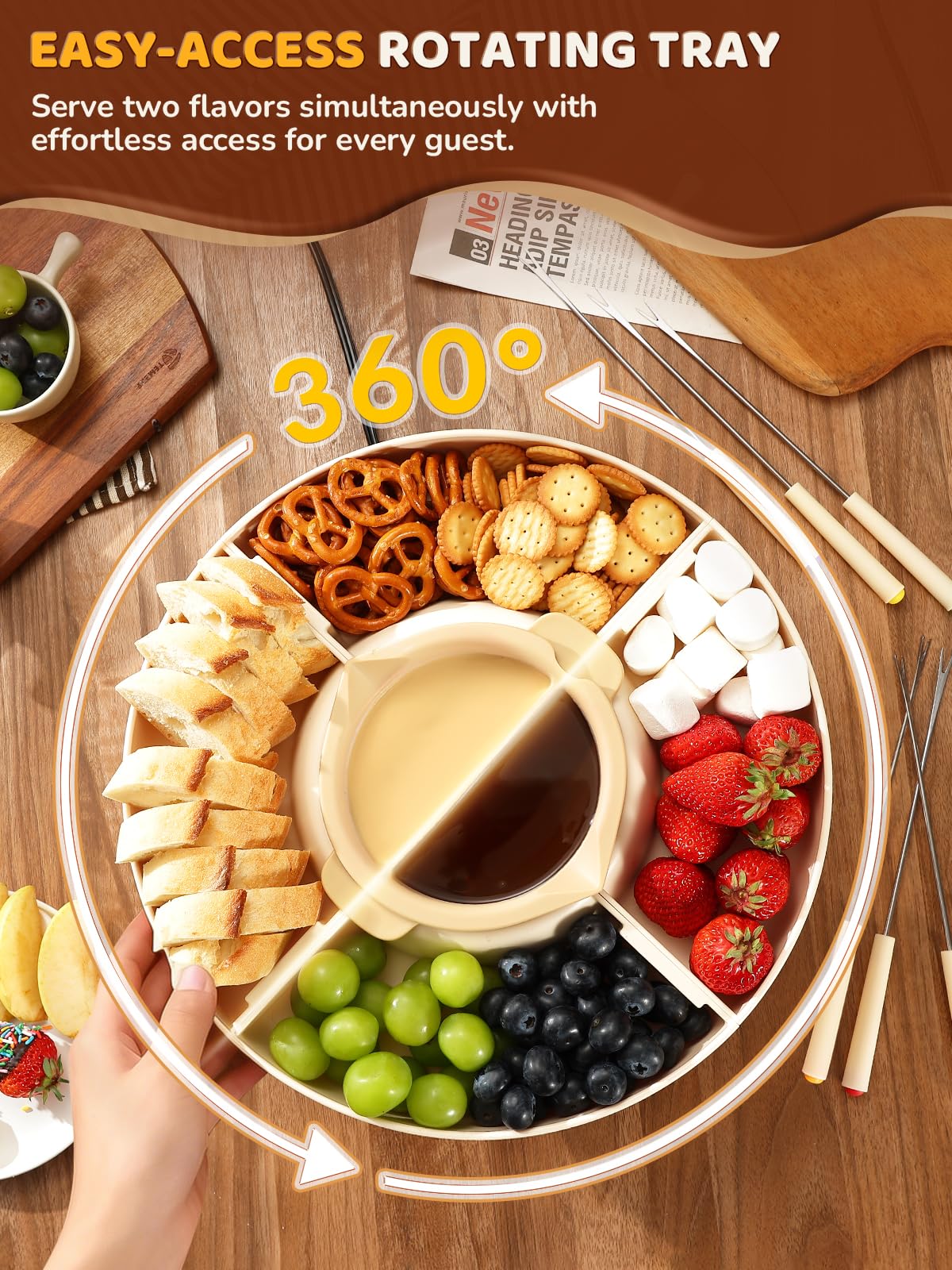 LUSHYUM Elektrisches Schokofondue-Set, 800ml Kapazität, größerer Drehteller | Schmelz- & Warmhaltefunktion, 2 Silikoneinsätze, 6 farbcodierte Gabeln, spülmaschinenfest, ideal für Candy Melts & Date Night