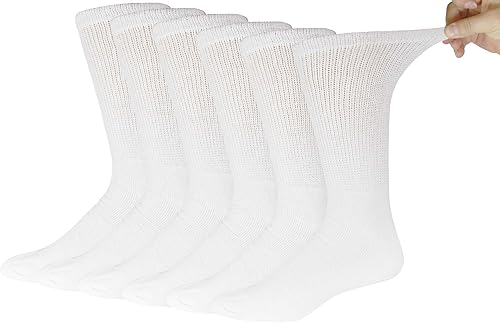 Grandes y altos 6 pares de calcetines de algodón diabético para neuropatía, calcetines deportivos para hombre tamaño King (13-16, blanco)