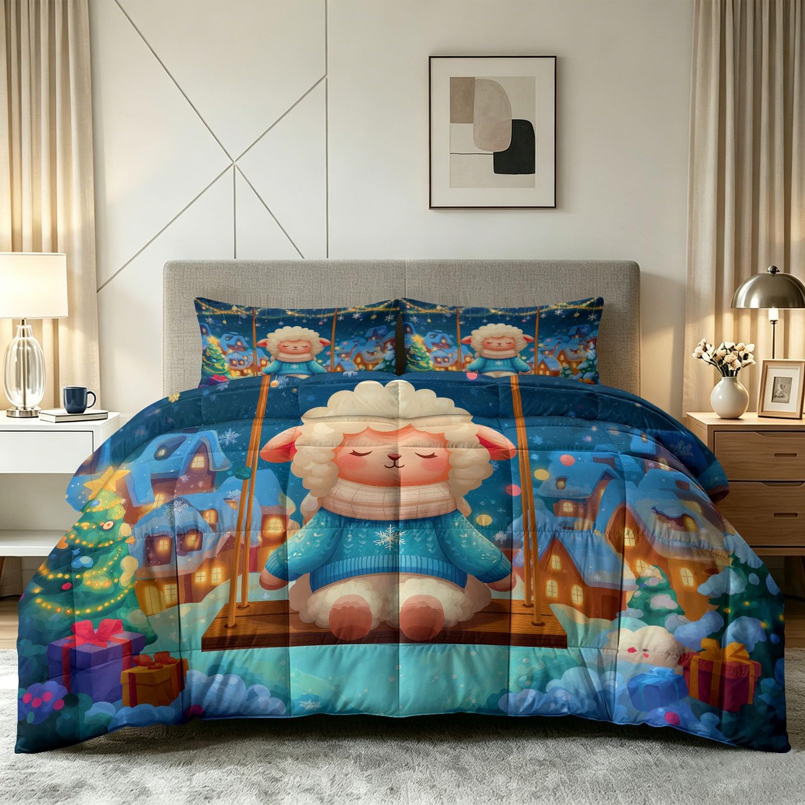 Kołdra 200 x 200 cm, na 4 pory roku, wzór płatków śniegu, jagnięca, wzór wiejski, bez poszewki, przyjazna dla skóry, motyw kreskówkowy, miękka, nadaje się do prania, całoroczna kołdra z 2 poszewkami